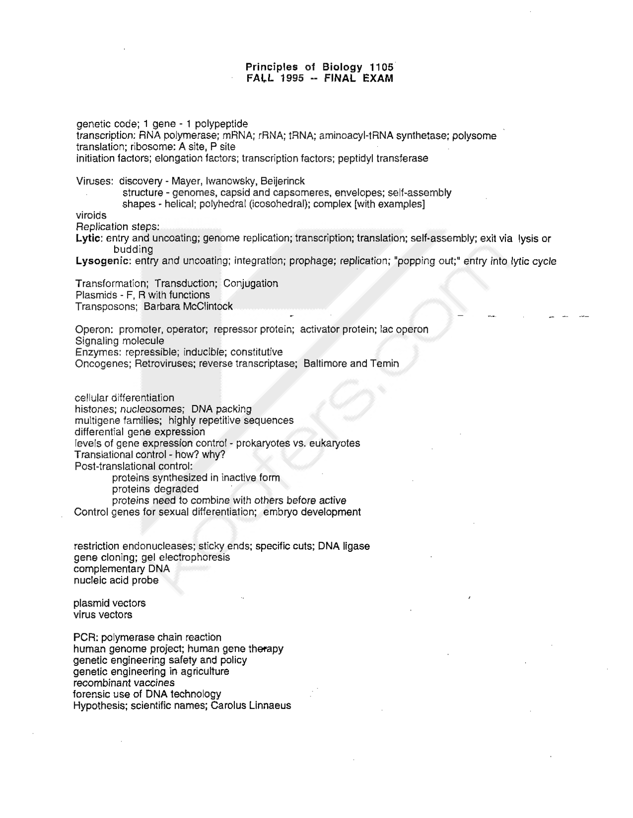 Principles of Biology Final Exam Questions | BIOL 1105 | Exams Biology ...