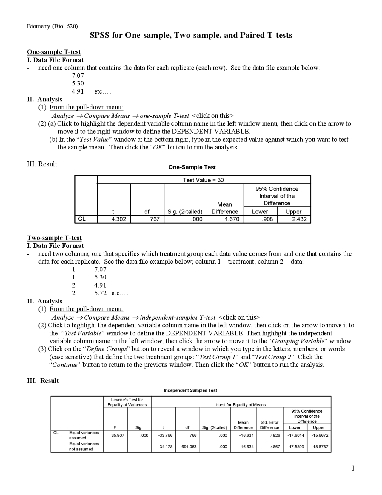 Sample Test - Data File Format - Biometry | BIOL 620 - Docsity