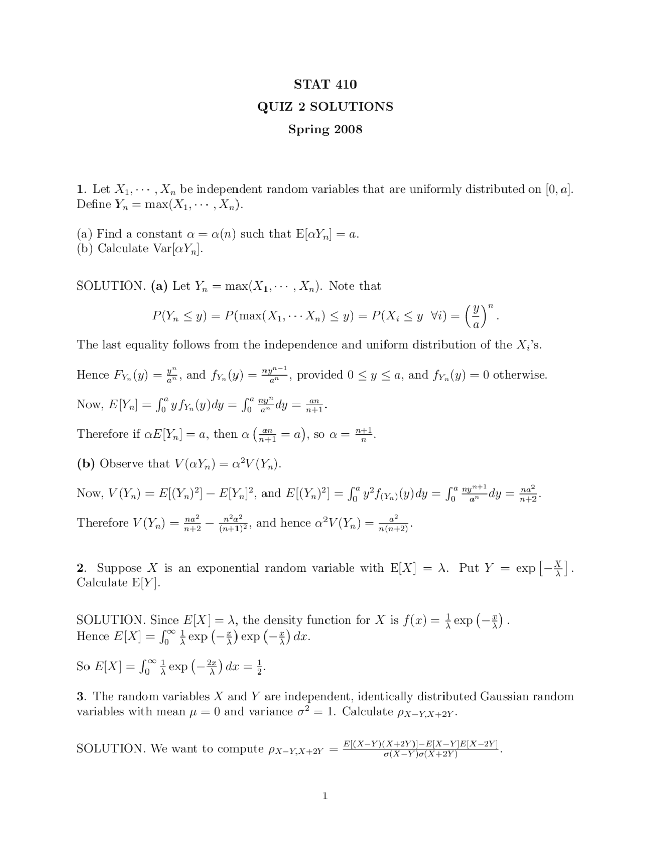Quiz 2 with Solutions - Introduction to Probability Theory | STAT 410 ...