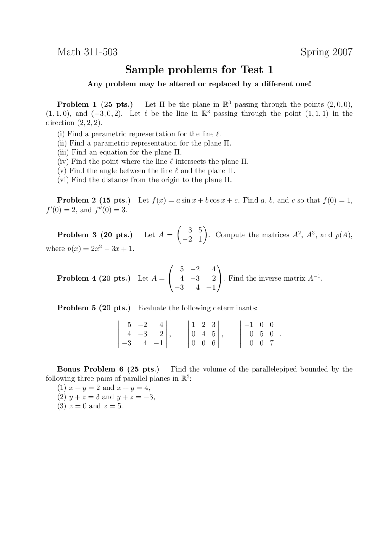 Sample Problems For Test 1 Applied Mathematics I Math 311 Docsity Sample Problems For Test 1 Applied Mathematics I Math 311 Docsity
