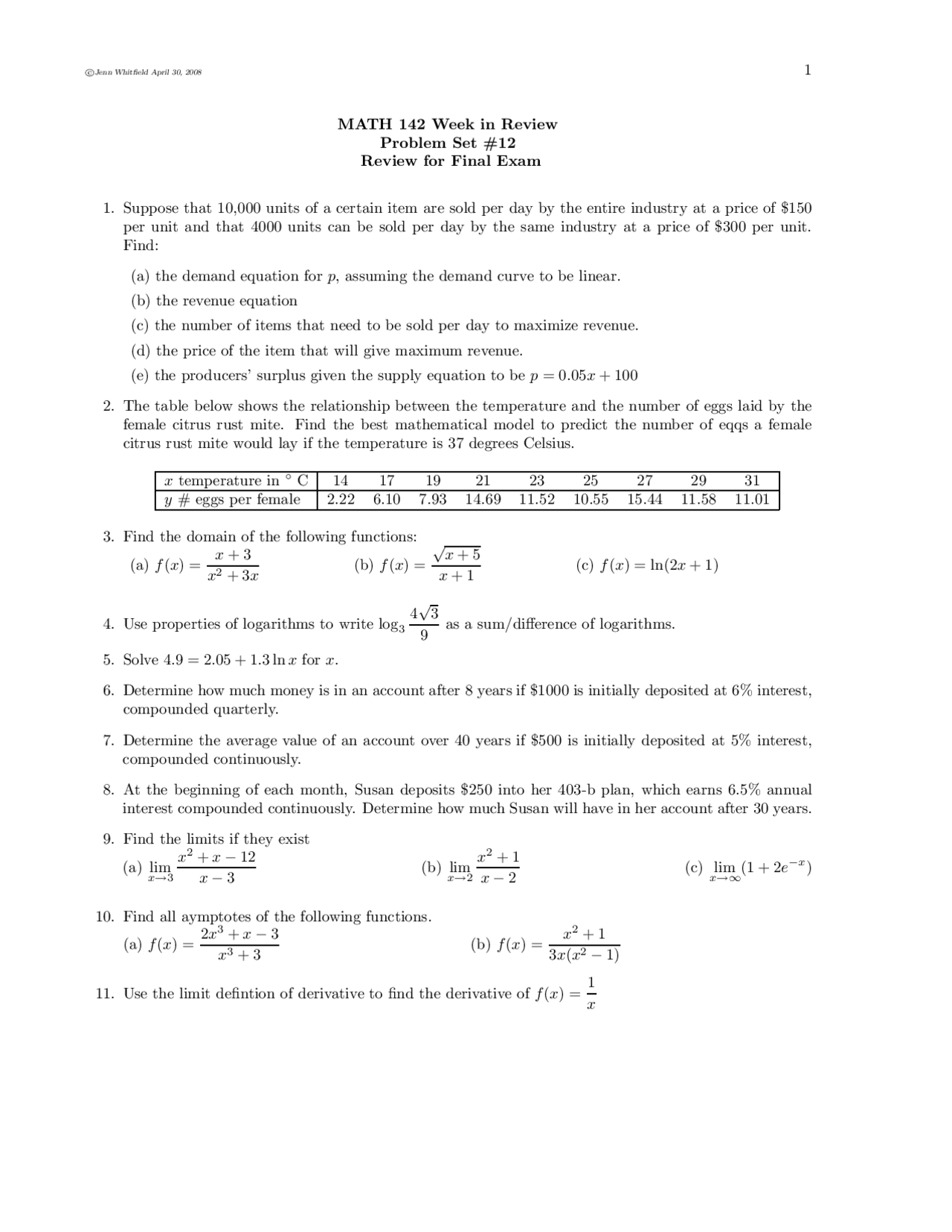 Review for Final Exam - Business Mathematics II | MATH 142 - Docsity