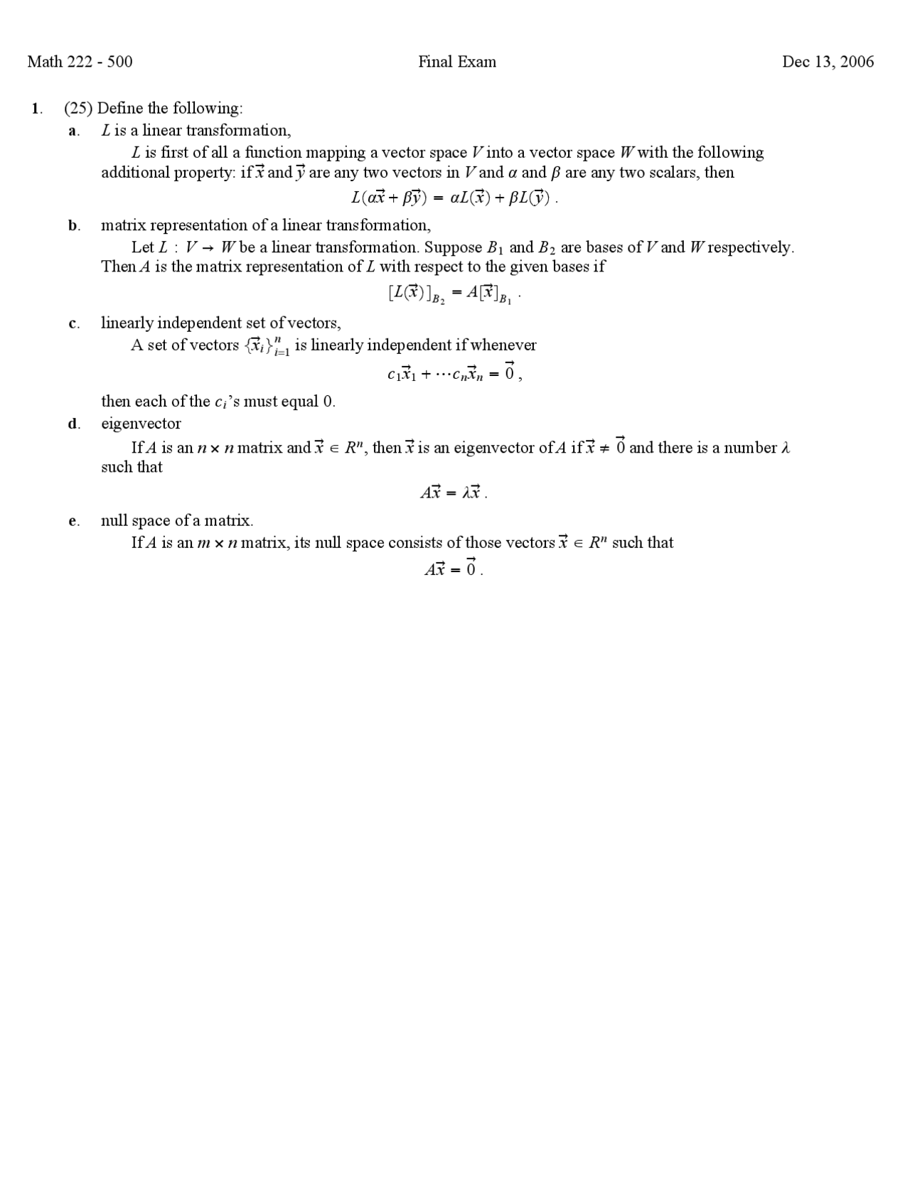 Practice Final Exam Linear Algebra MATH 222 Docsity
