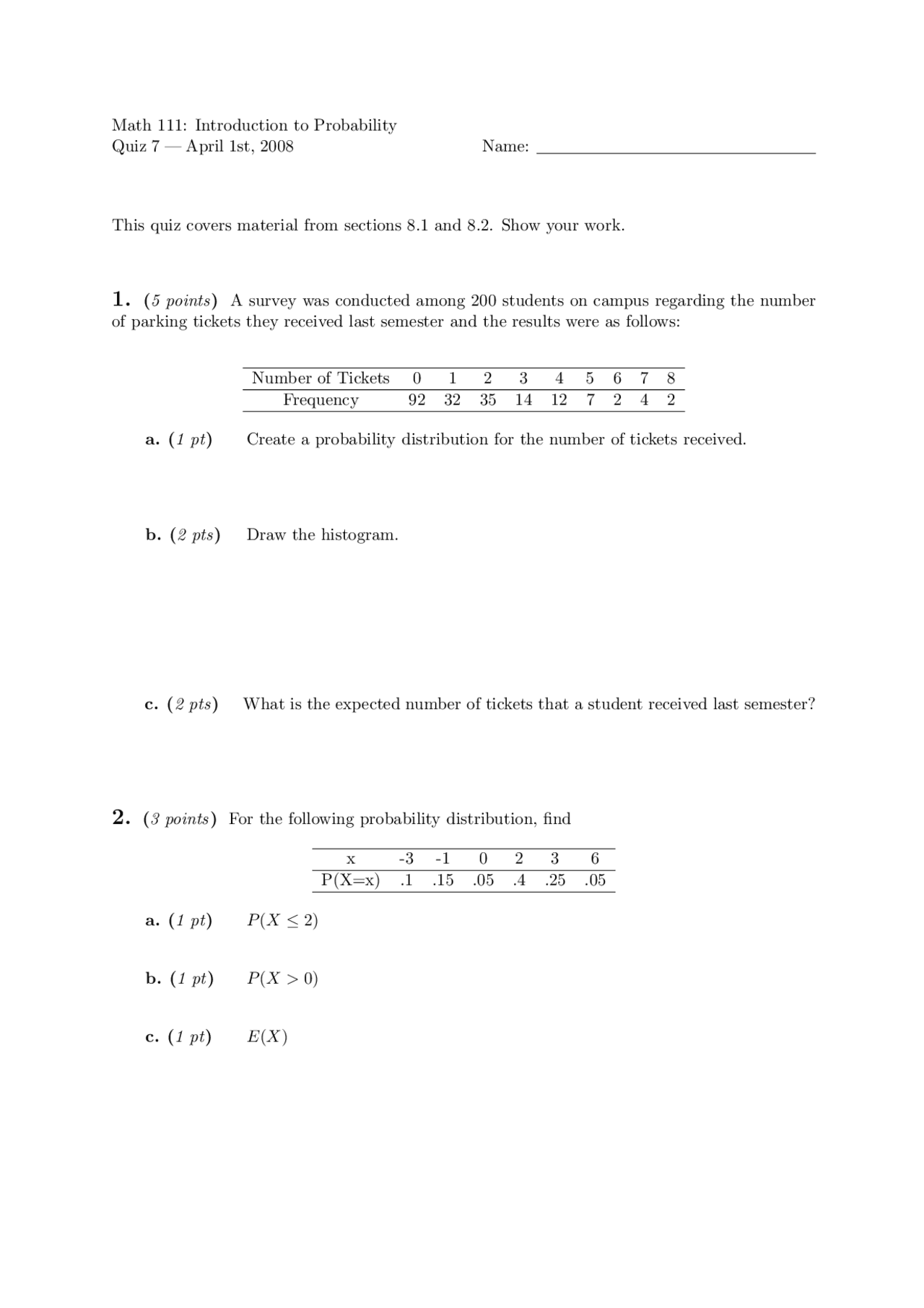 Distribution Problems Math Problems 2 Solved Problems on Probability Distribution - Quiz 7 | MATH 111 - Docsity