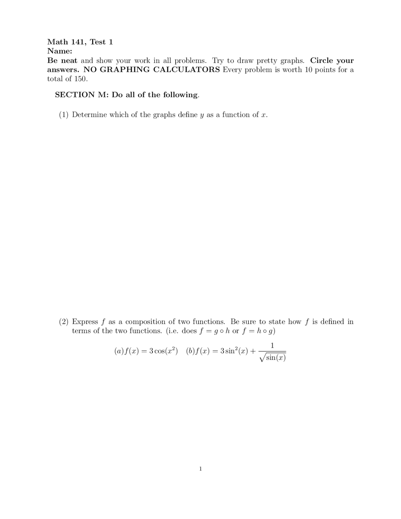 Math 141 Test 1: Problems and Solutions | Exams Mathematics | Docsity