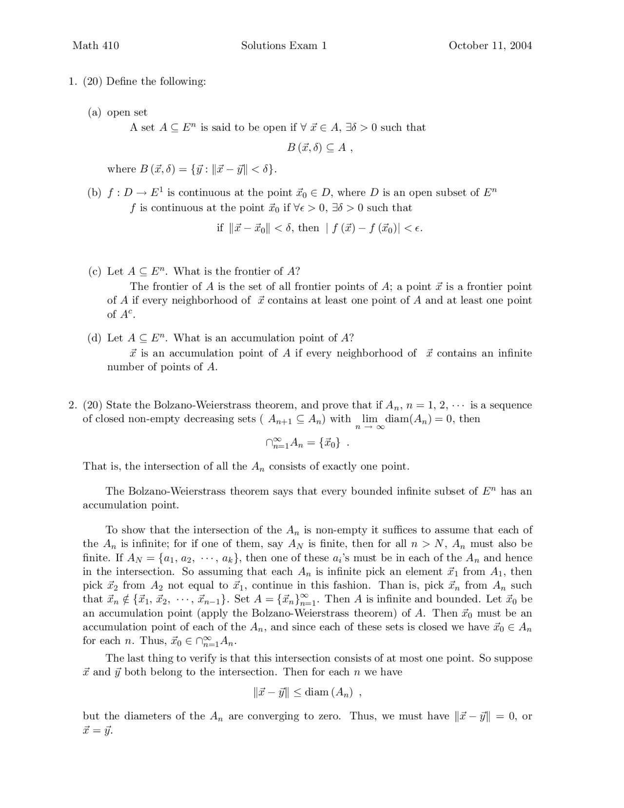 Solutions to Exam 1 - Advanced Calculus II - Fall 2004 | MATH 410 - Docsity