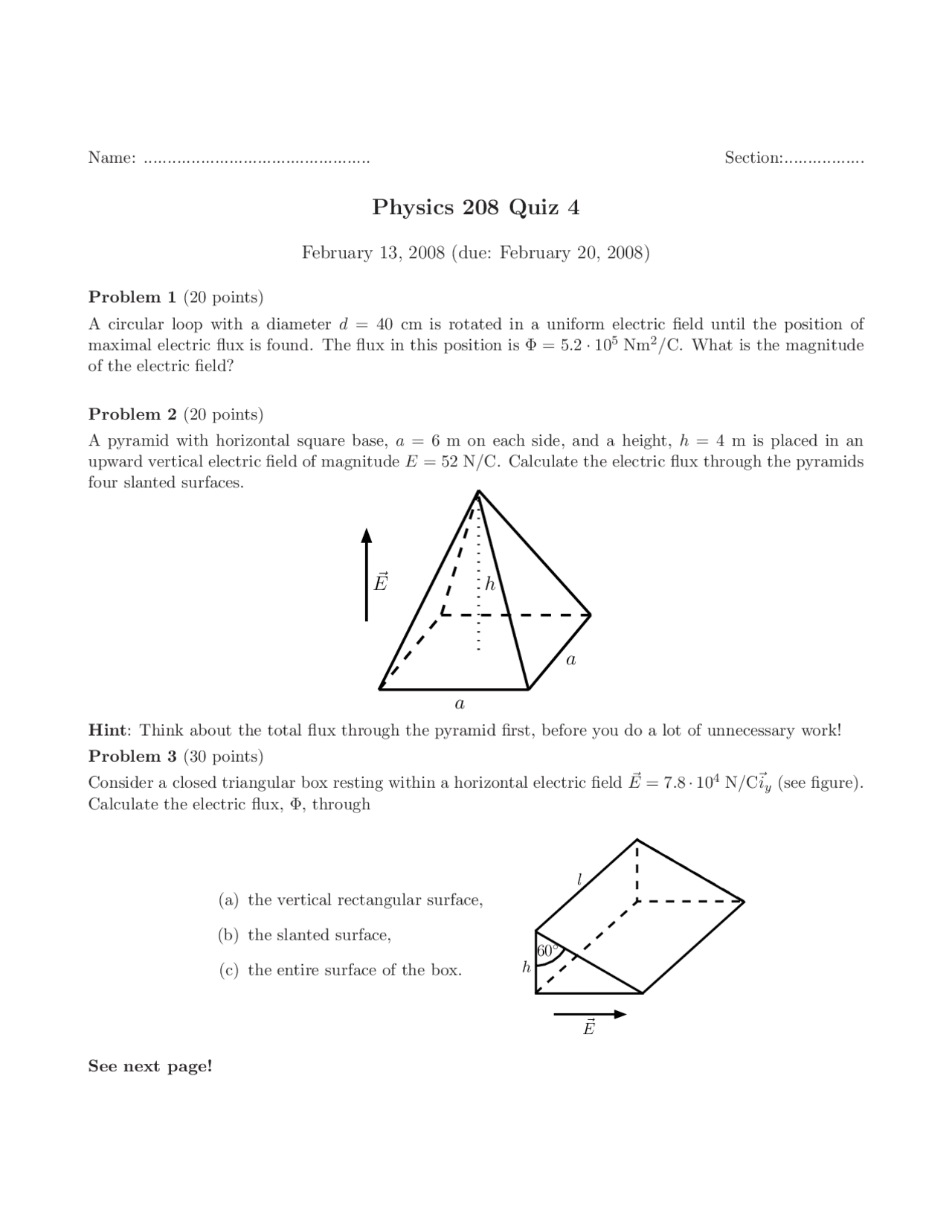 4 Problems in Quiz 4 on the Electric Field and Gauss Law | PHYS 208 ...
