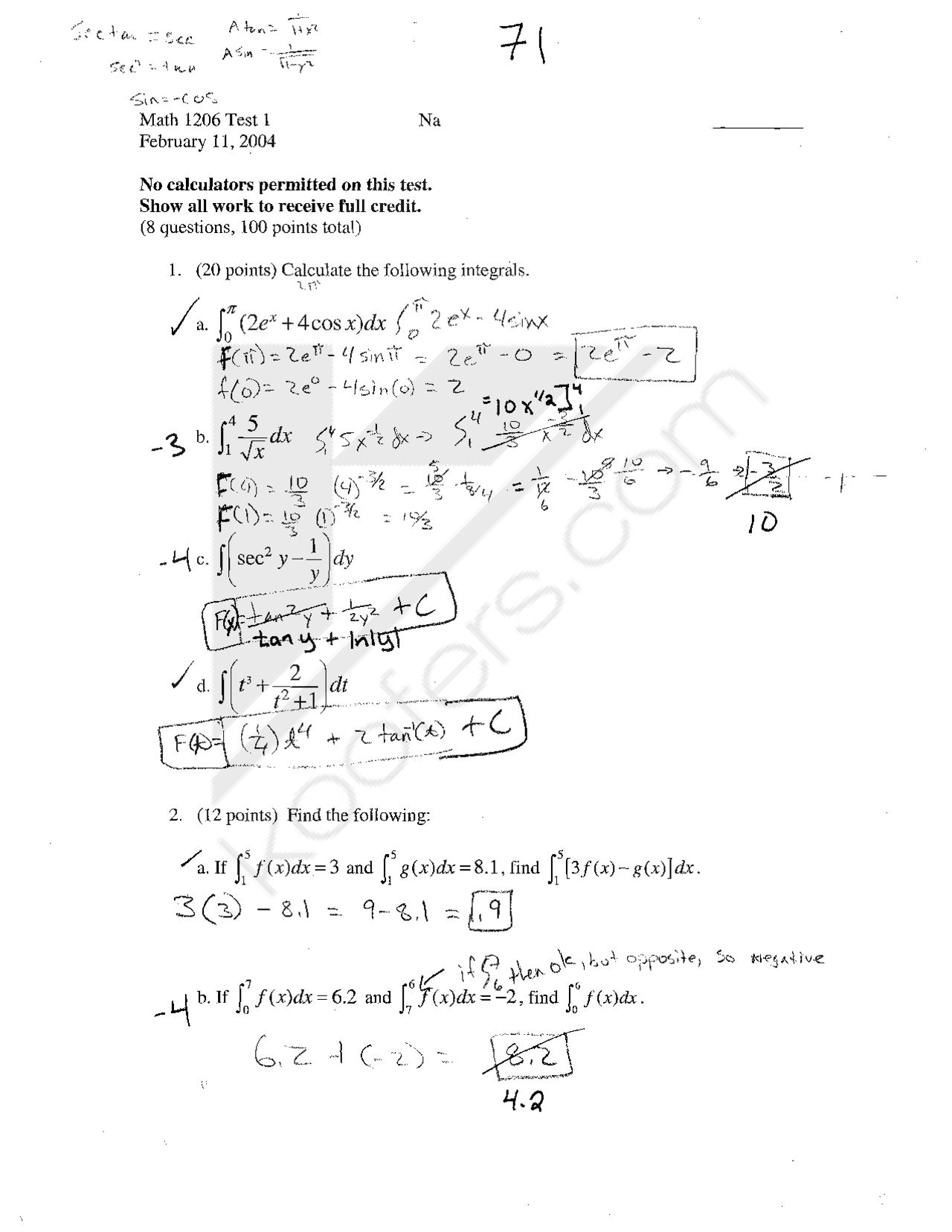 8 Questions on Calculus with Answers - Test 1 | MATH 1206 - Docsity