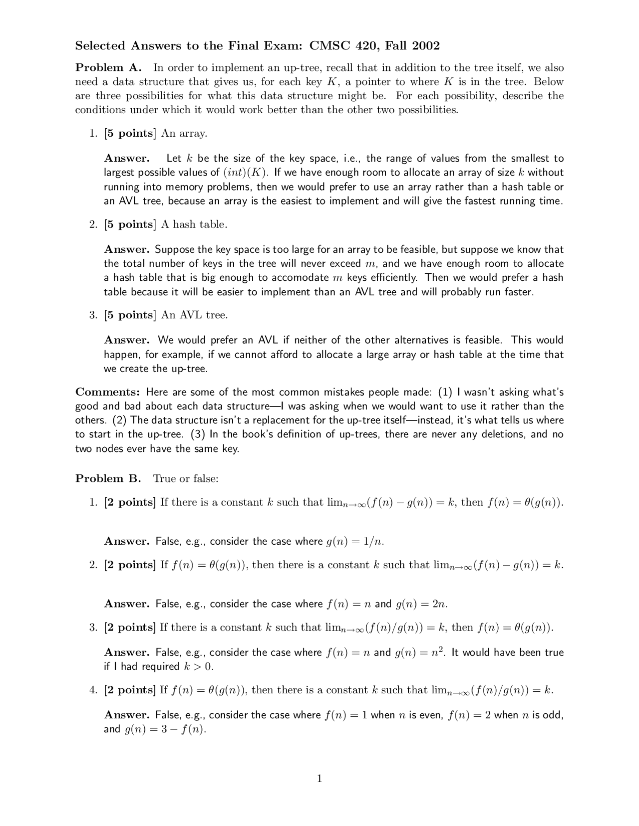Problems with Solution of Data Structures - Final Exam | CMSC 420 - Docsity