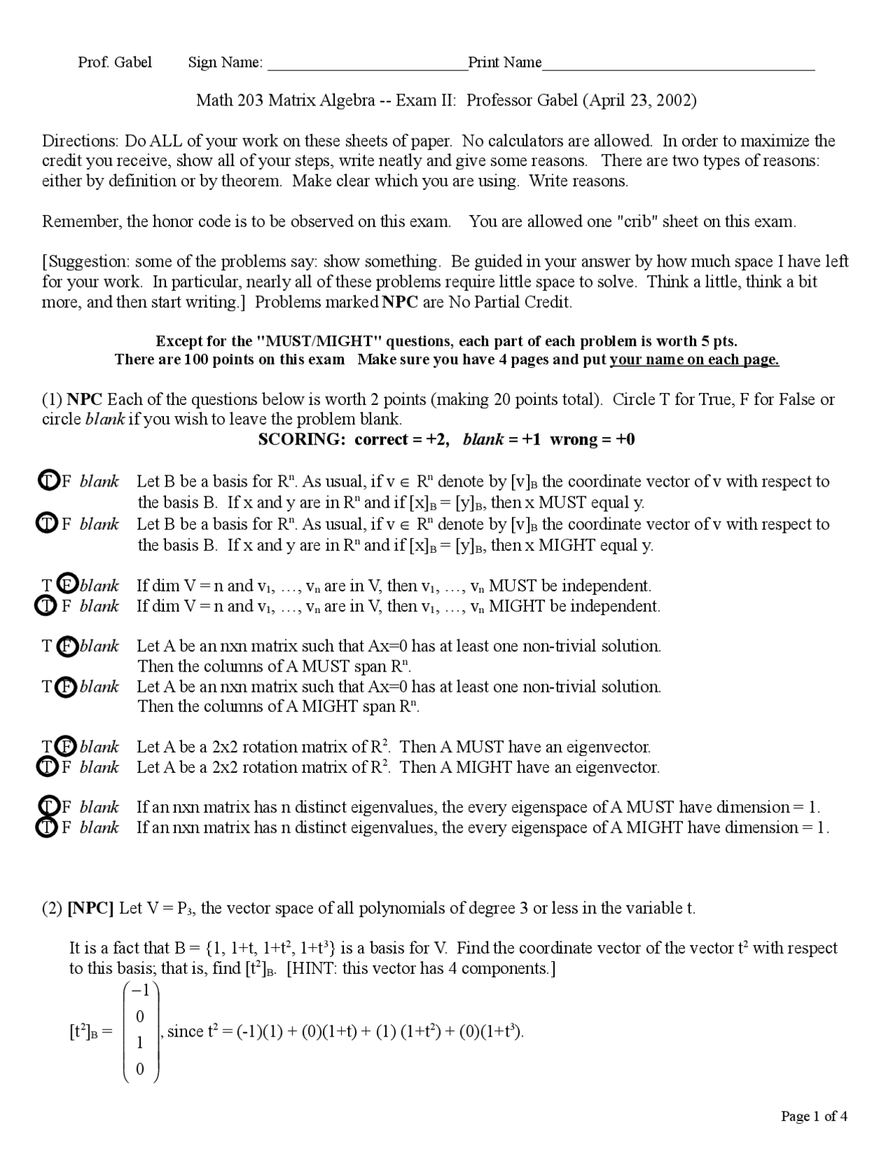 Solution Manual for Exam 2 - Linear Algebra | MATH 203 - Docsity