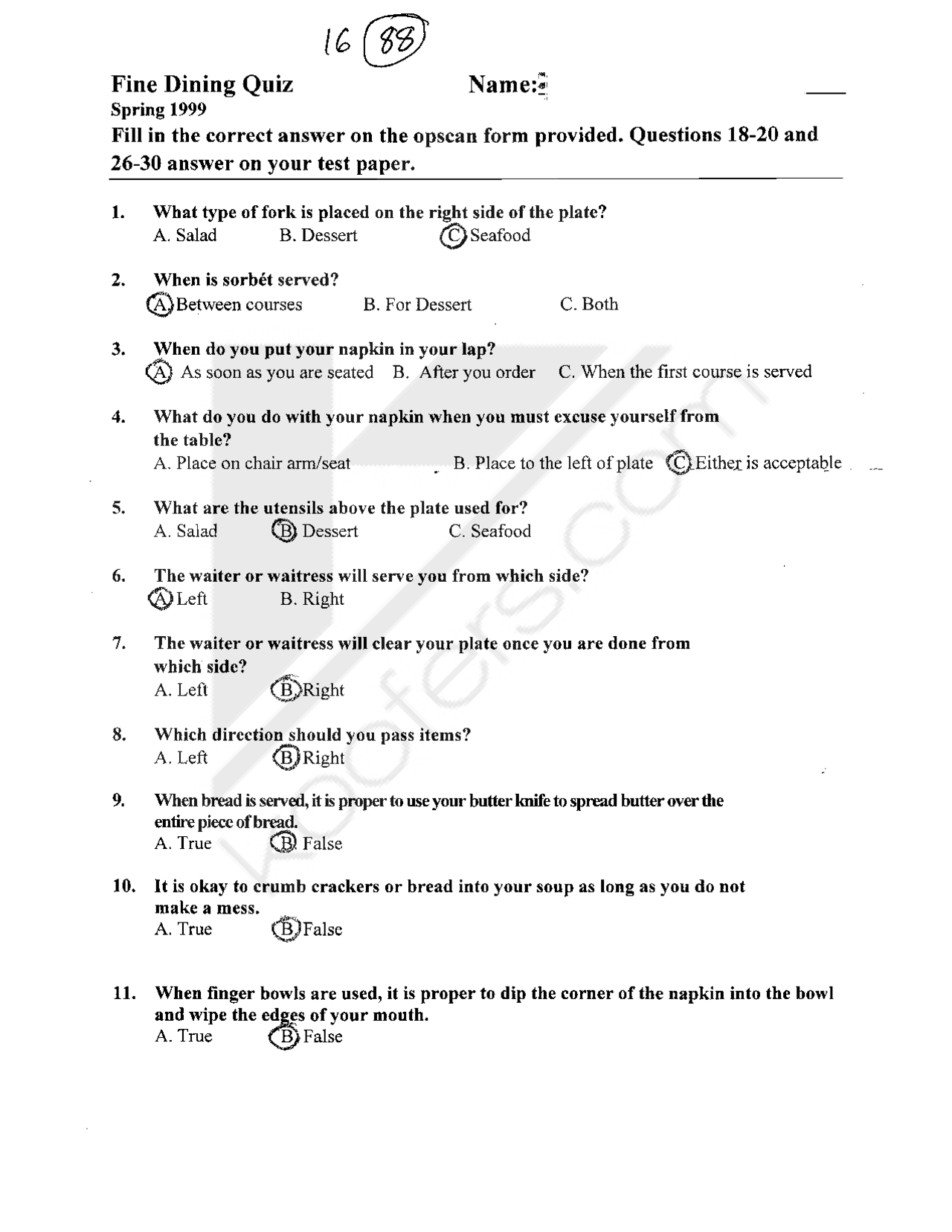 Fine Dining Quiz with Answer Key Real Estate Marketing MKTG 4734