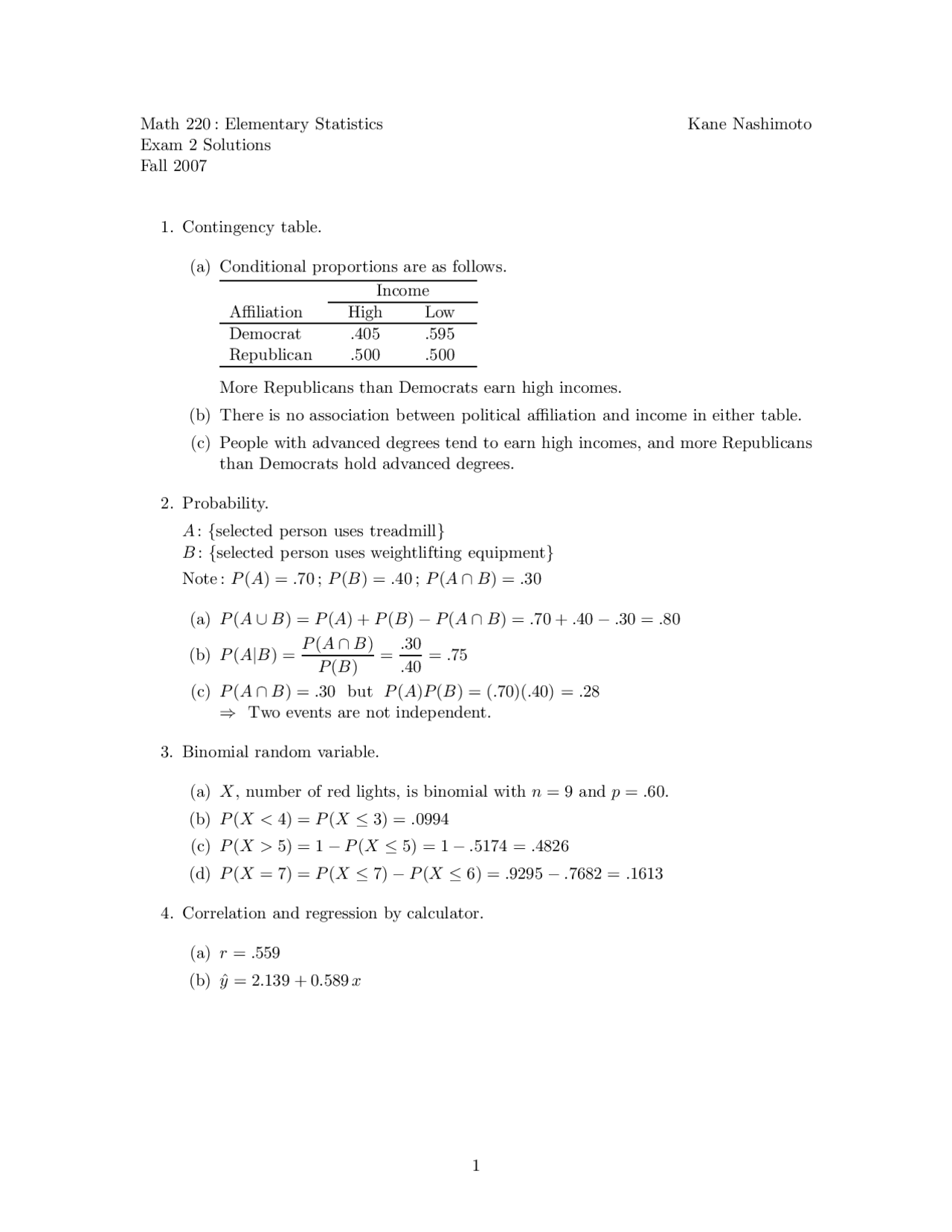 6 Problems on Elementary Statistics - Examination 2 | MATH 220 - Docsity