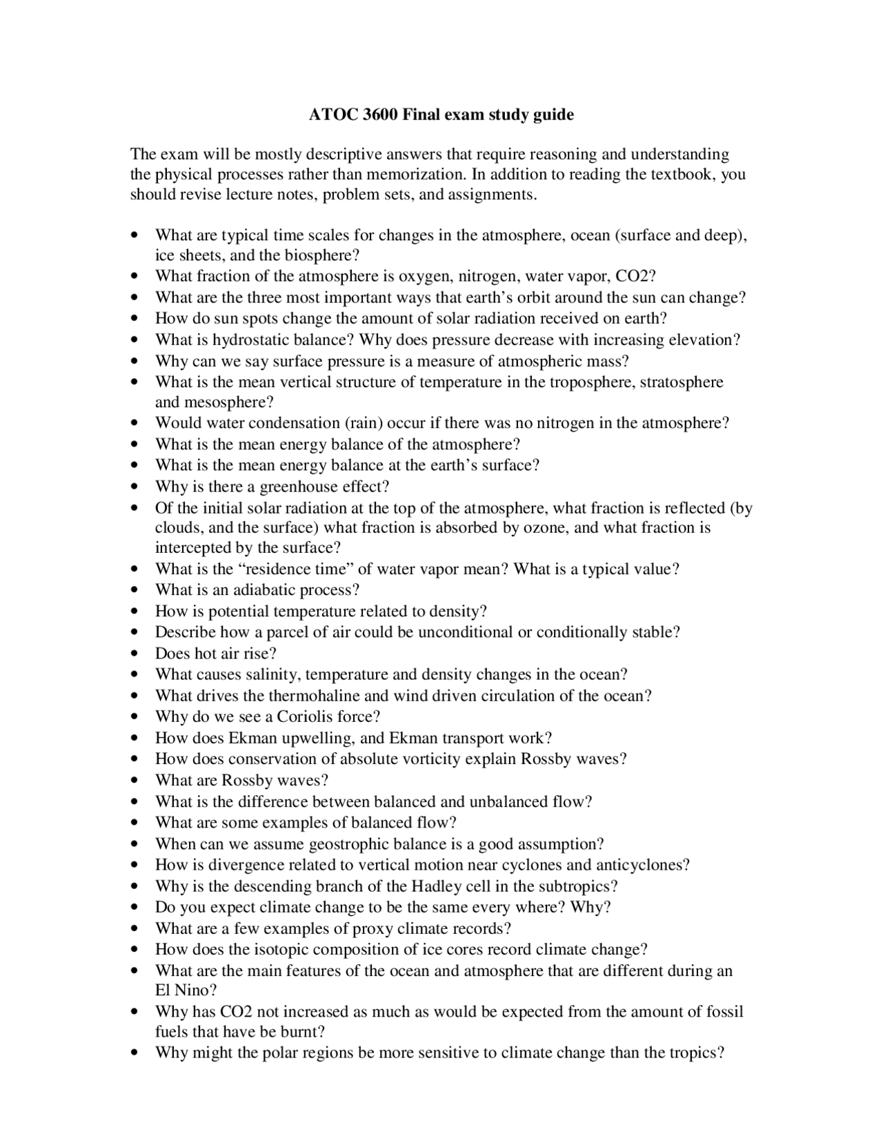Final Exam Study Guide - Principles of Climate | ATOC 3600 - Docsity