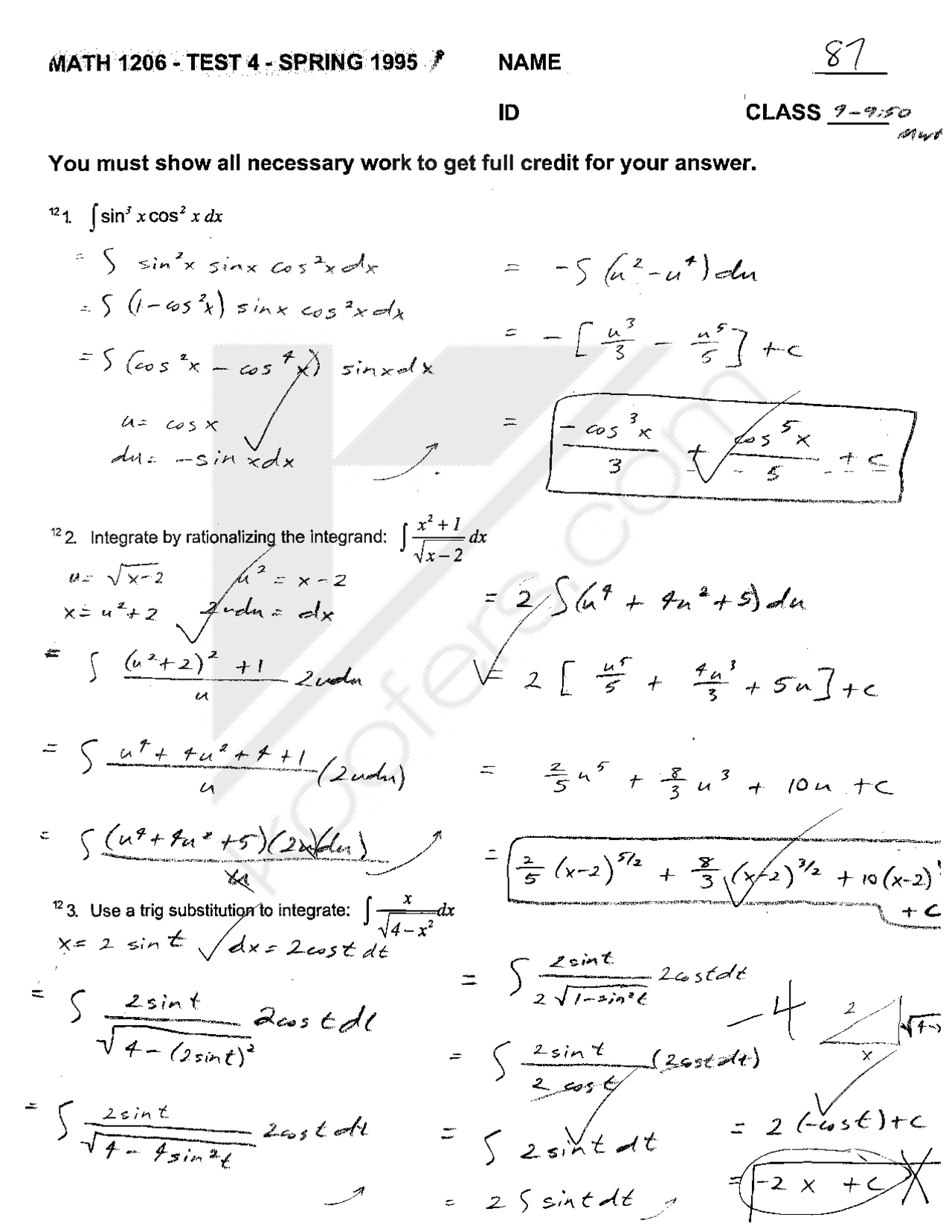 Calculus Test 4: 6 Questions with Correct Answers | MATH 1206 - Docsity