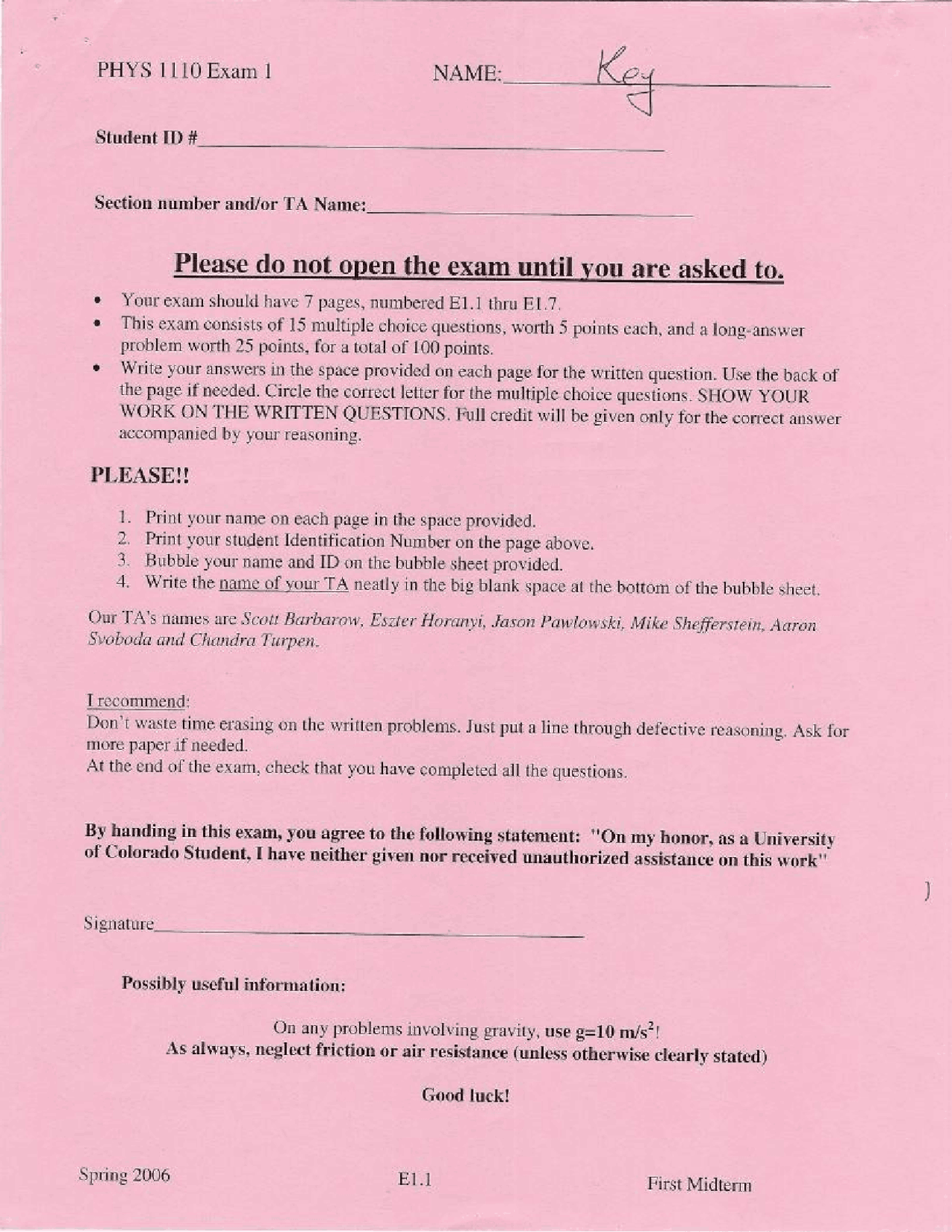 Exam 1 with Solutions for General Physics I | PHYS 1110 - Docsity