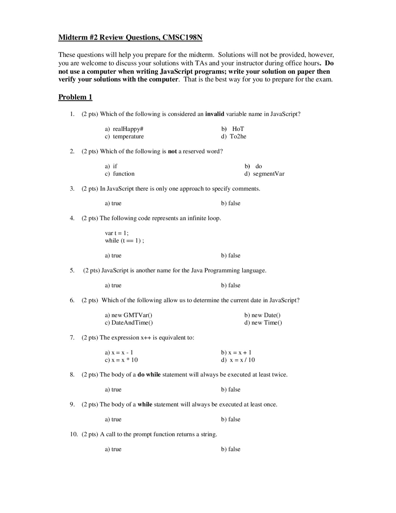 6 Problems in Java Script - Midterm Exam 2 | CMSC 198N | Study notes ...