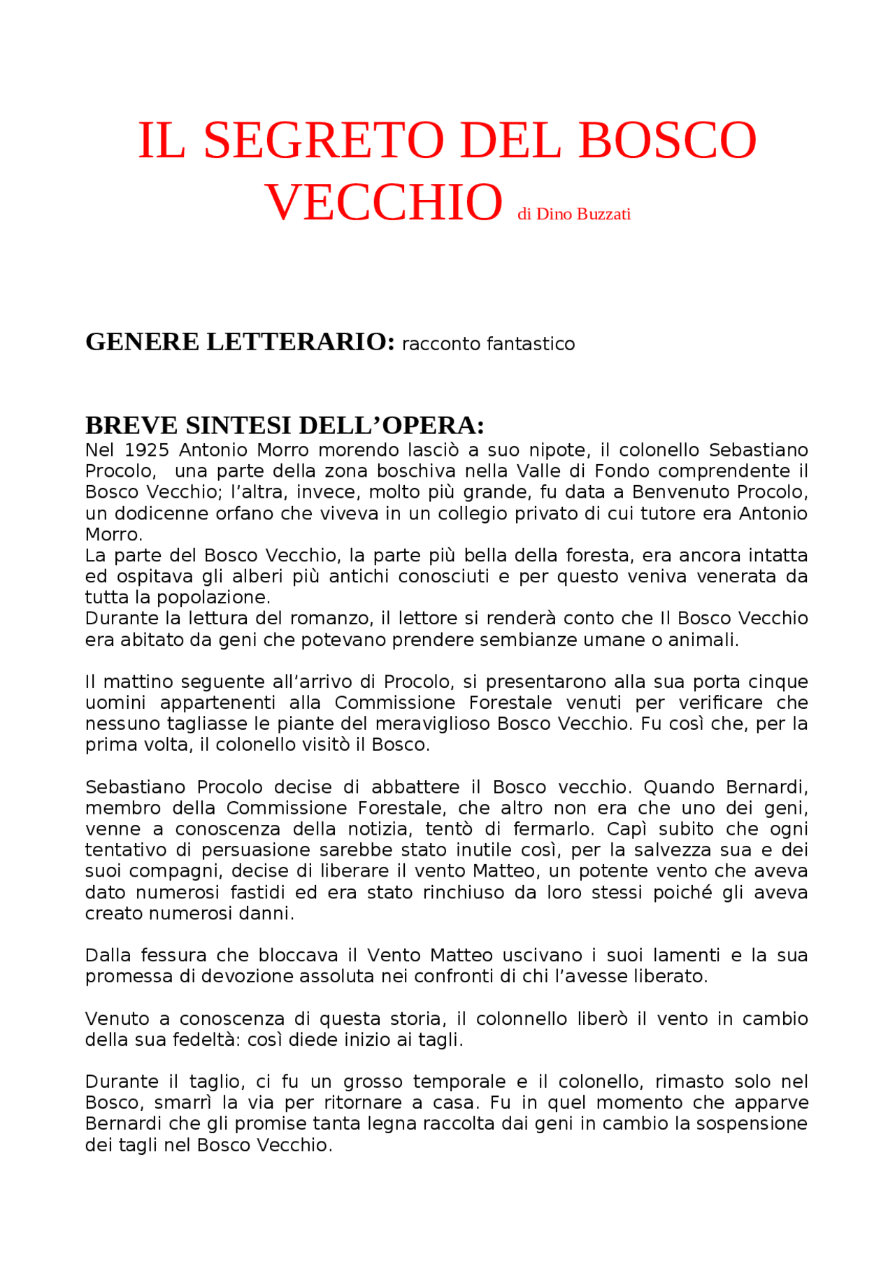 Il segreto del Bosco Vecchio di Dino Buzzati RIASSUNTO Appunti di Letteratura Docsity