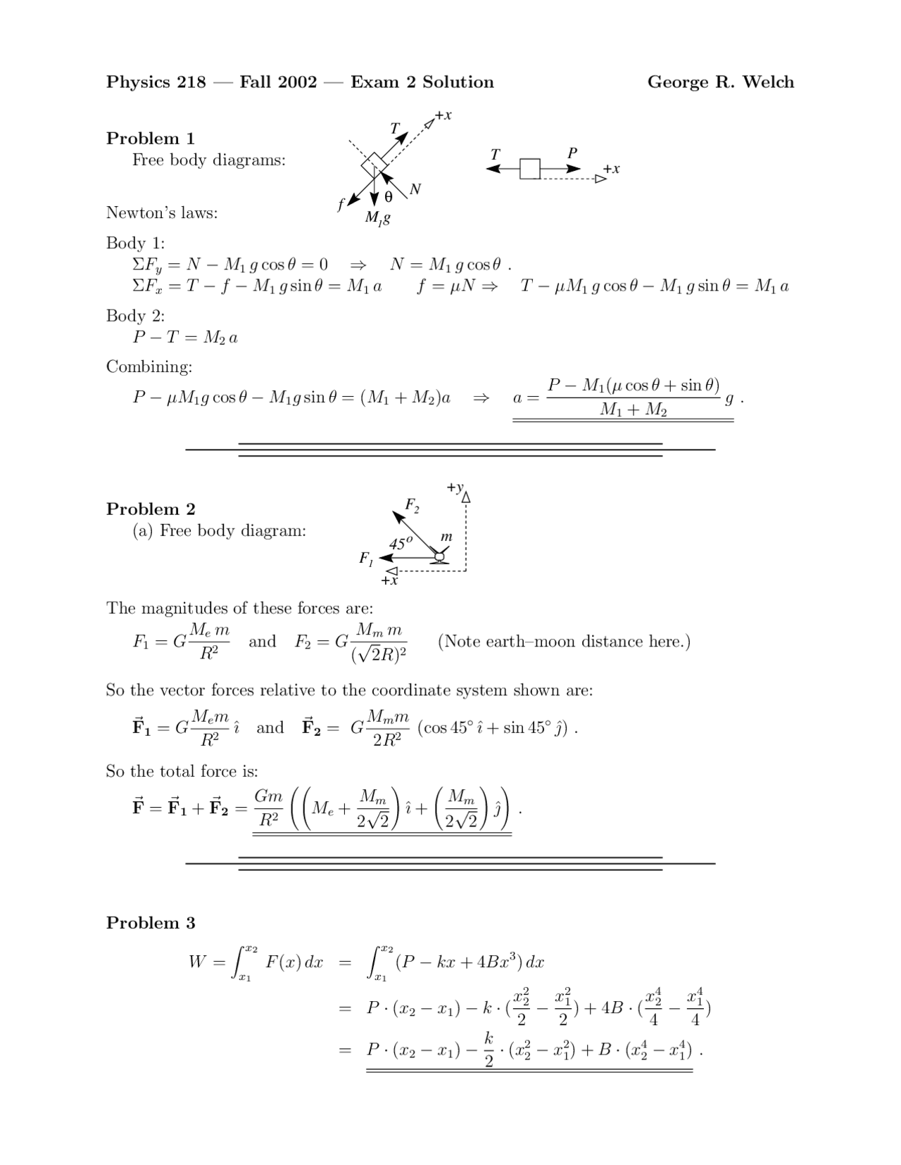 Physics 218 - Fall 2002 Exam 2 Solutions | Exams Mechanics | Docsity