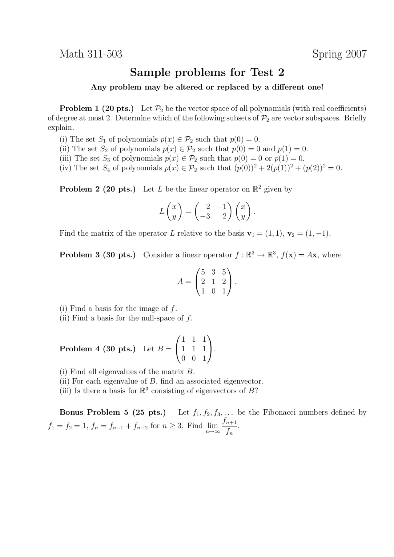 Applied Math Samples Sample Problems for Test 2 - Applied Mathematics I | MATH 311 - Docsity