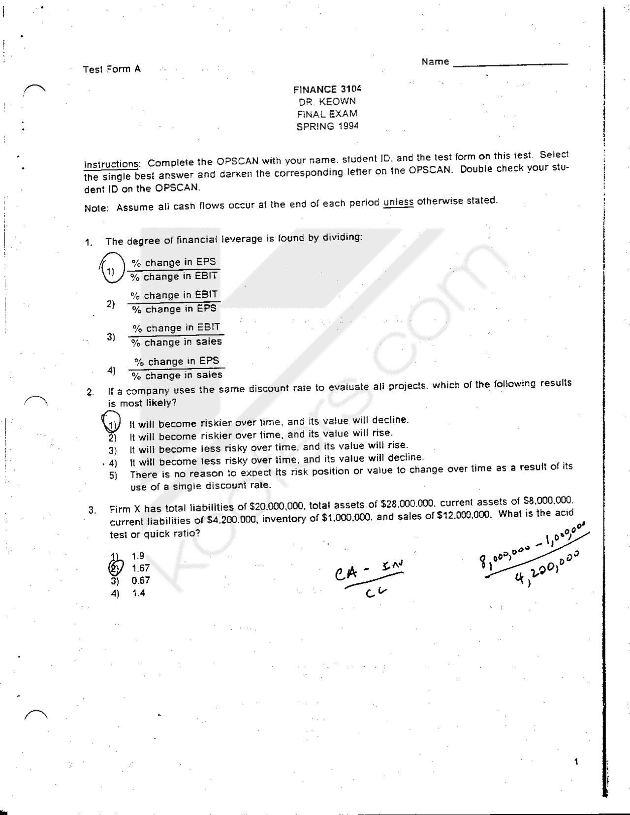 Final Exam with Answer Key | Introduction to Finance | FIN 3104 - Docsity