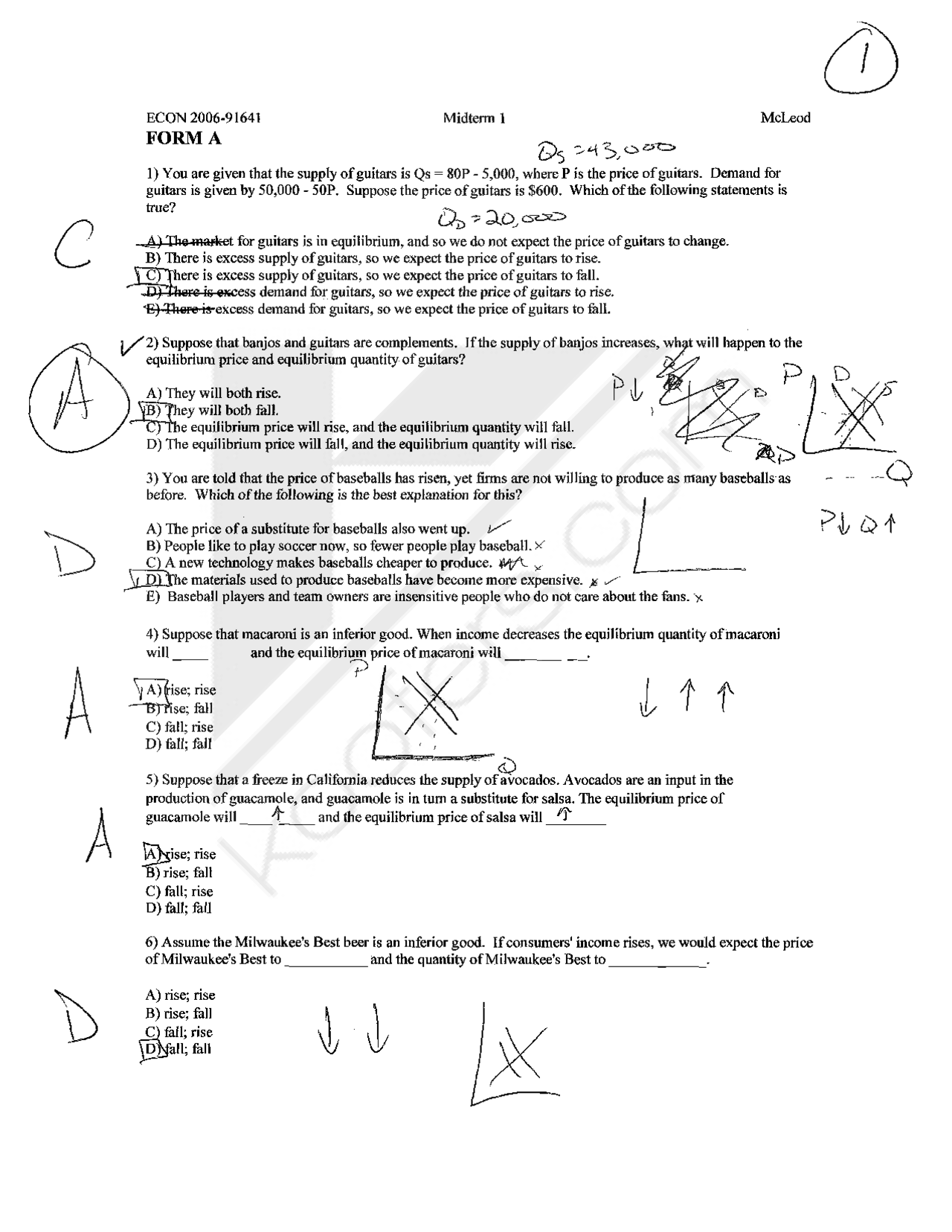 Midterm 1 Form A for Economy with solutions | ECON 2006 - Docsity