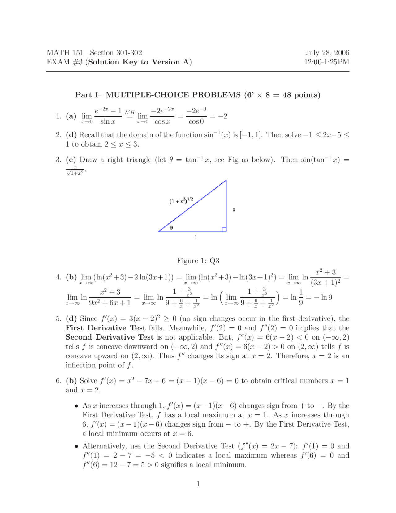 Math 151 Questions Solutions Key for Exam 3 - Honors-Engineering Mathematics I | MATH 151 ...