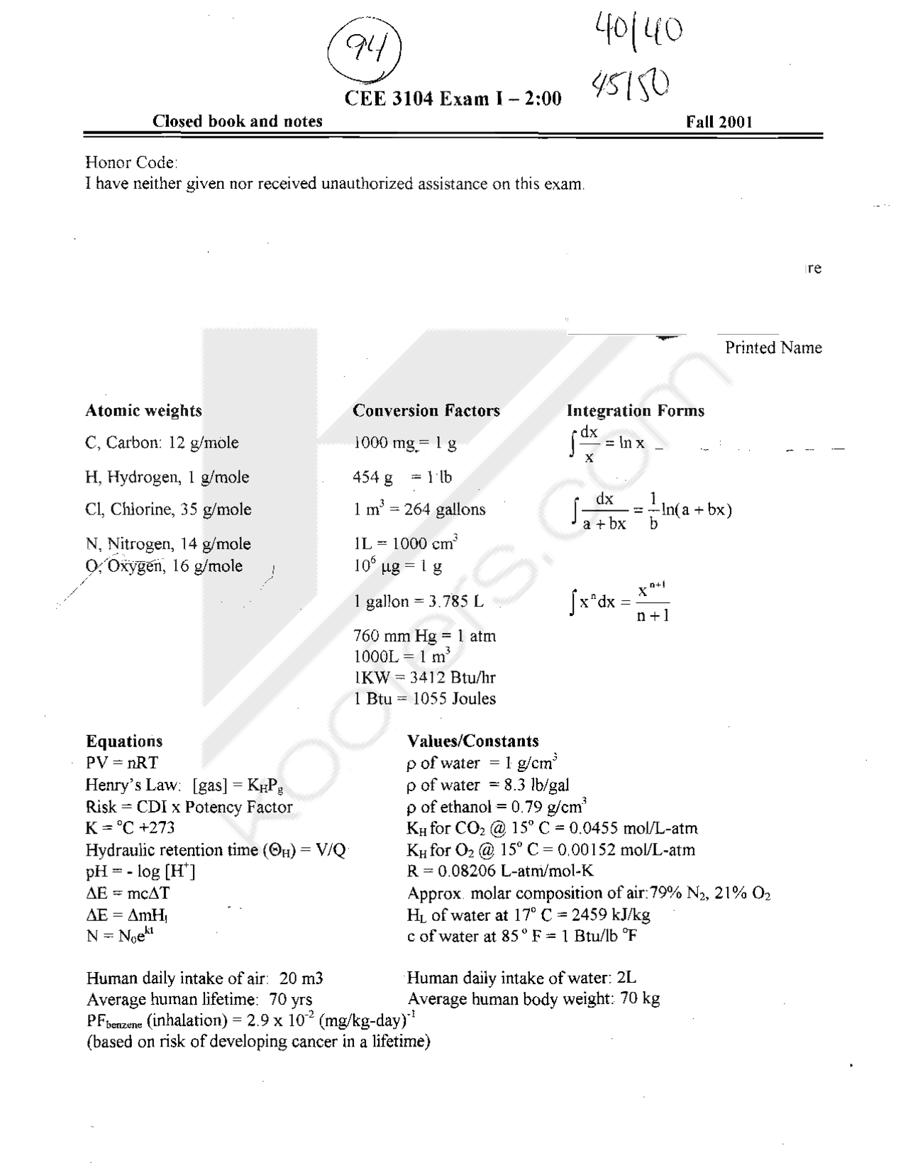 Exam 1 with Answer Key - Introduction Environment Engineering | CEE ...