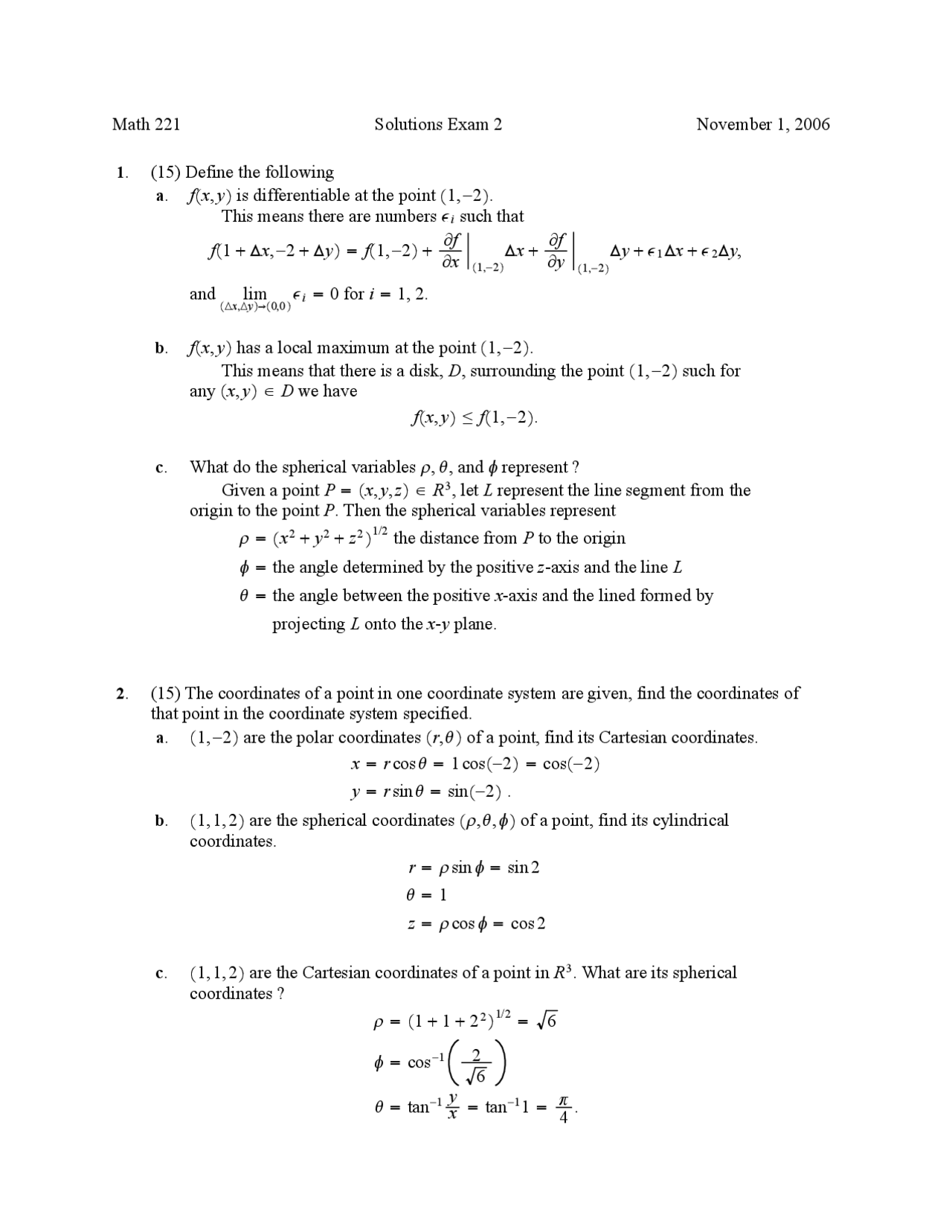Exam 2 Solutions - Several Variable Calculus | MATH 221 - Docsity