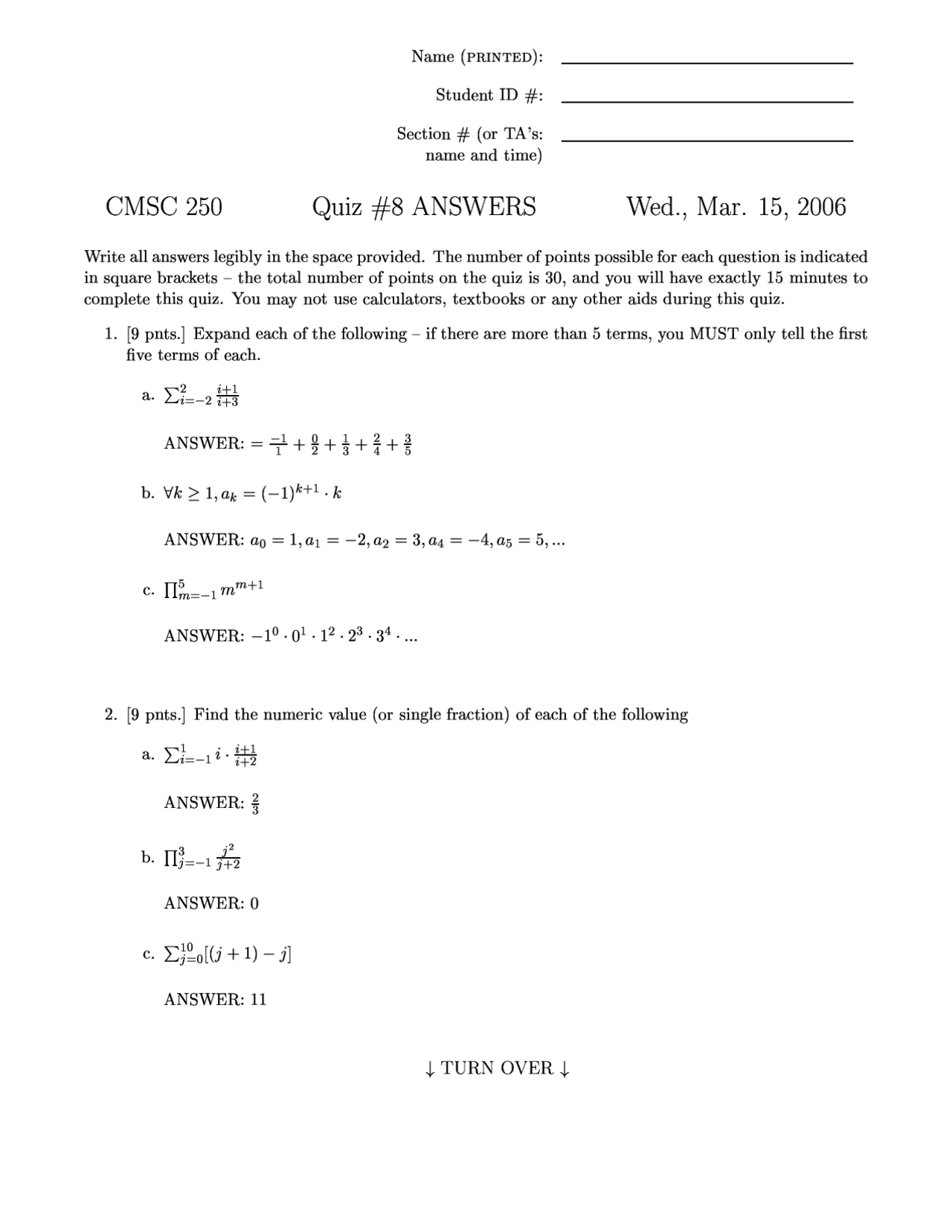 Discrete Structures - Sample Quiz 8 with Answer Key | CMSC 250 - Docsity