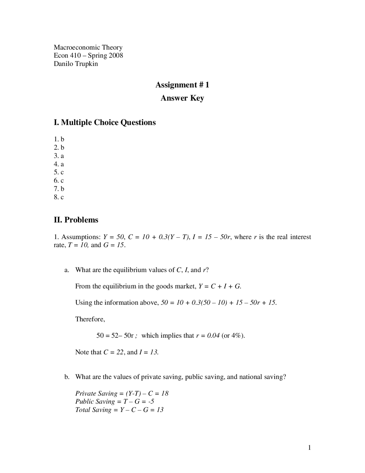Assignment #1 with Answer Key - Microeconomic Theory | ECON 410 - Docsity