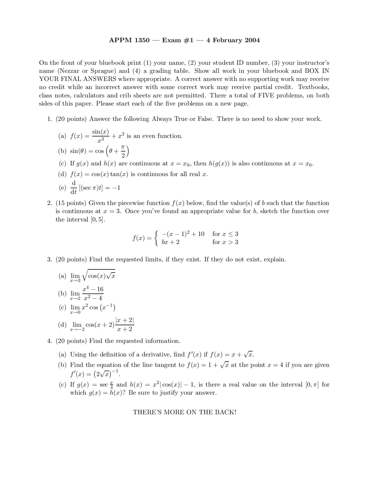 Exam 1 Questions For Calculus 1 For Engineers Fall 04 Appm 1350 Docsity