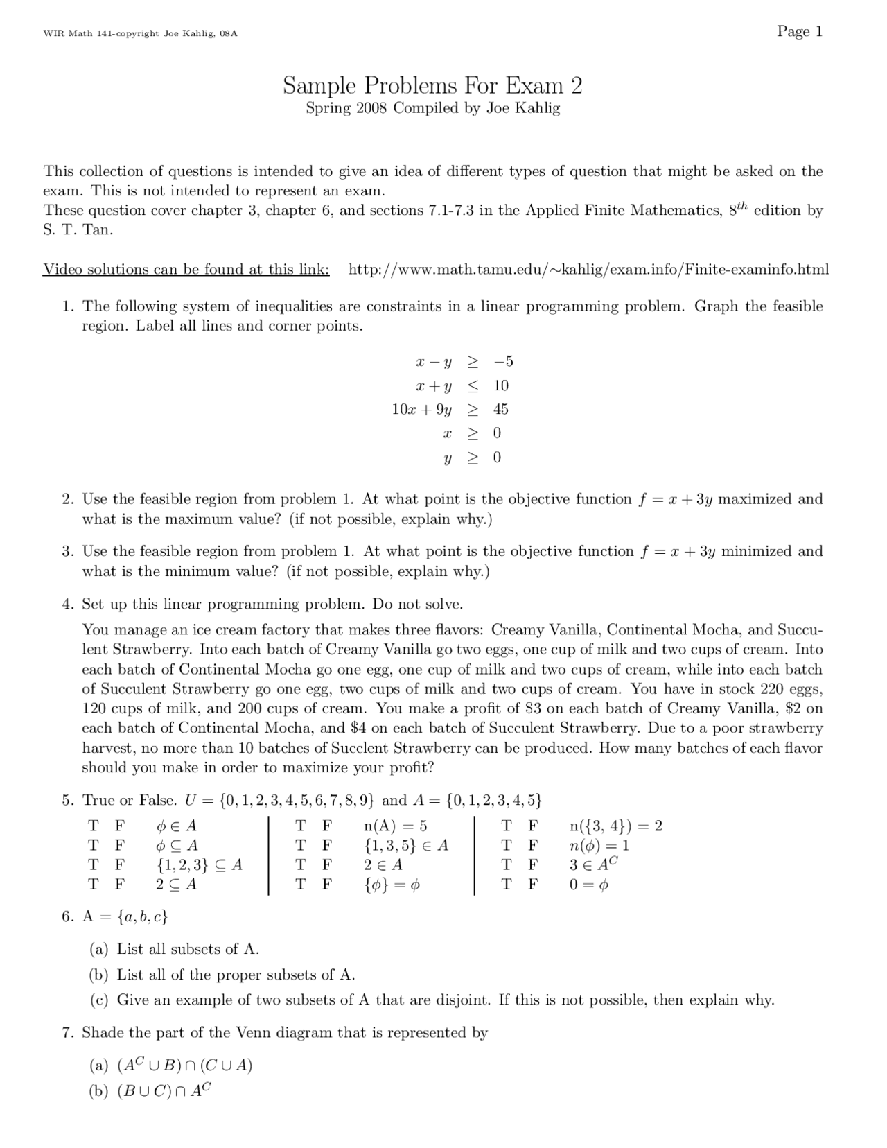 Linear Programming and Set Theory Problems from Applied Finite ...