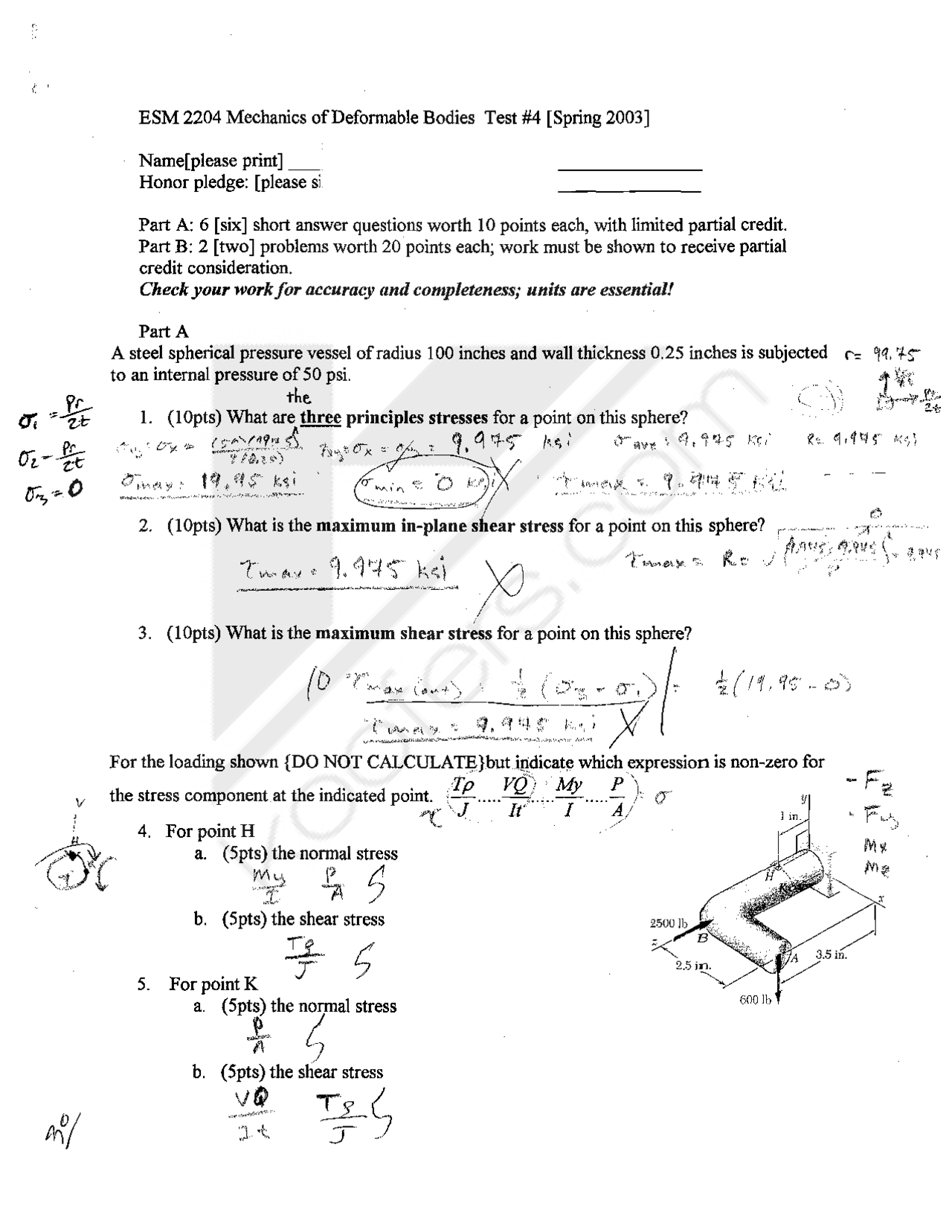 Exam 4 with Answers for Mechanics of Deformable Bodies | ESM 2204 - Docsity