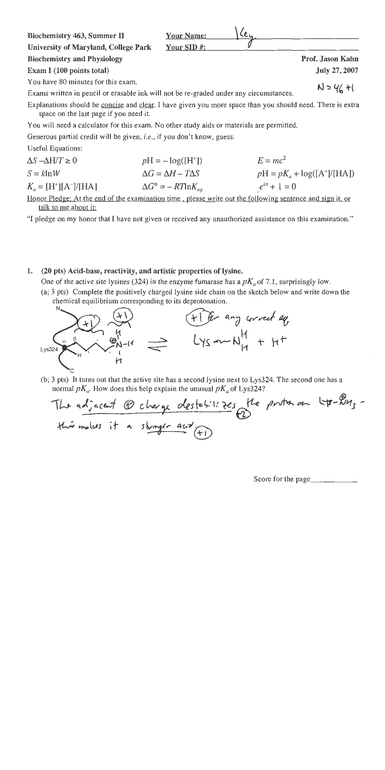Sample Exam 1 with Answers for Biochemistry of Physiology | BCHM 463 ...