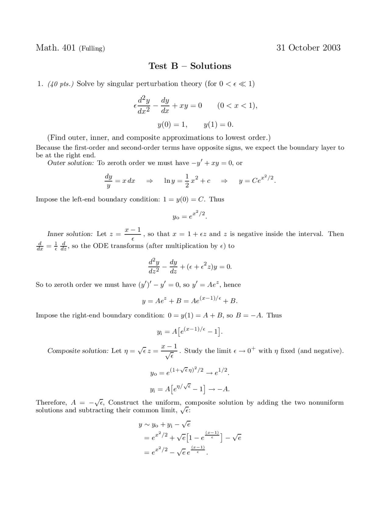 Hard Engineering Math Test Advanced Engineering Mathematics - Test B Solutions | MATH 401 - Docsity