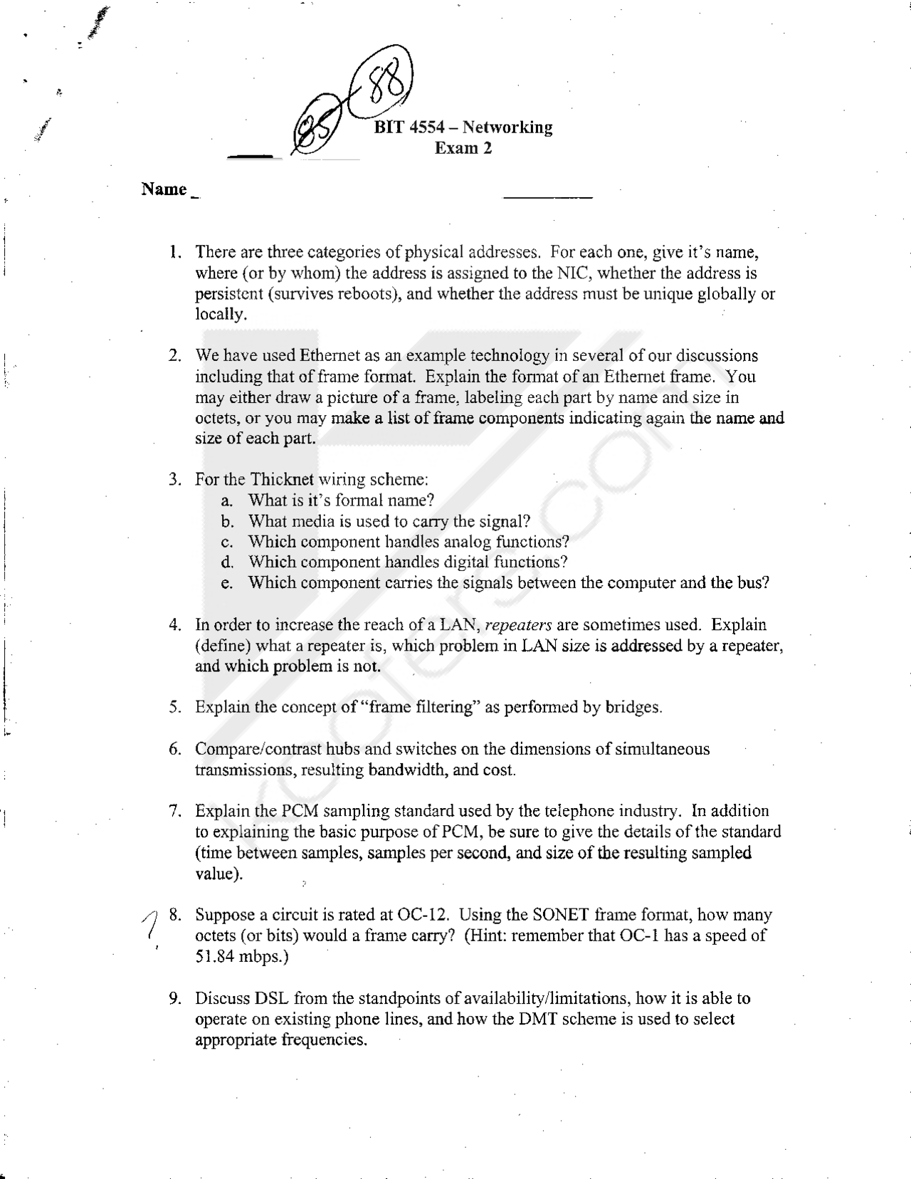 Networking Final Exam Practice Test BIT 4554 Docsity