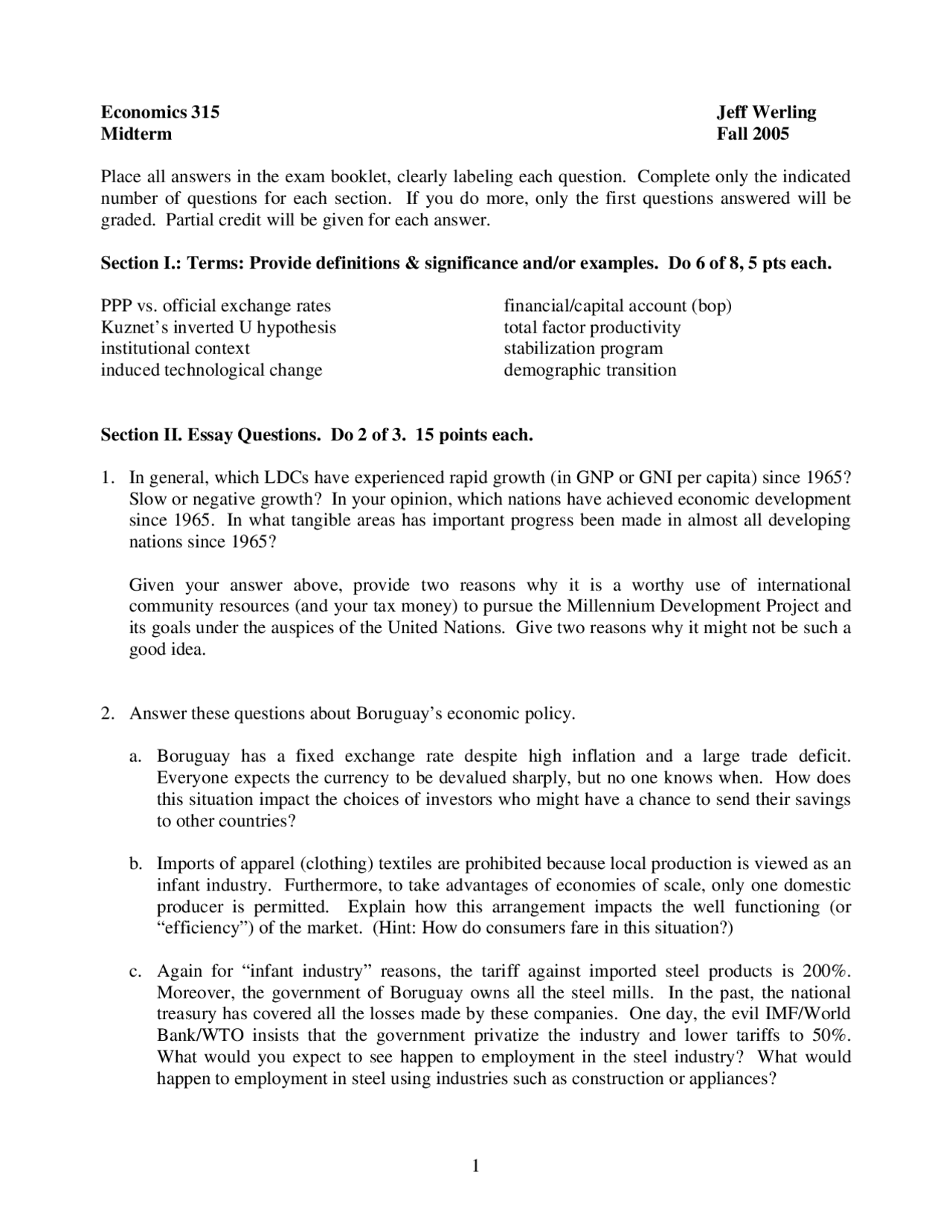Study Questions for Midterm Exam - Economic Development Area | ECON 315 ...