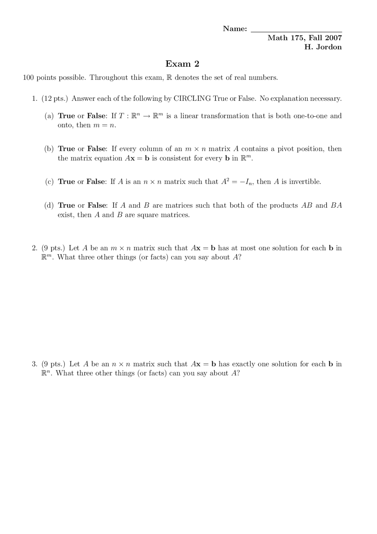 Math Exam 2, Fall 2007 - Linear Algebra - Prof. Heather Jordon | Exams ...