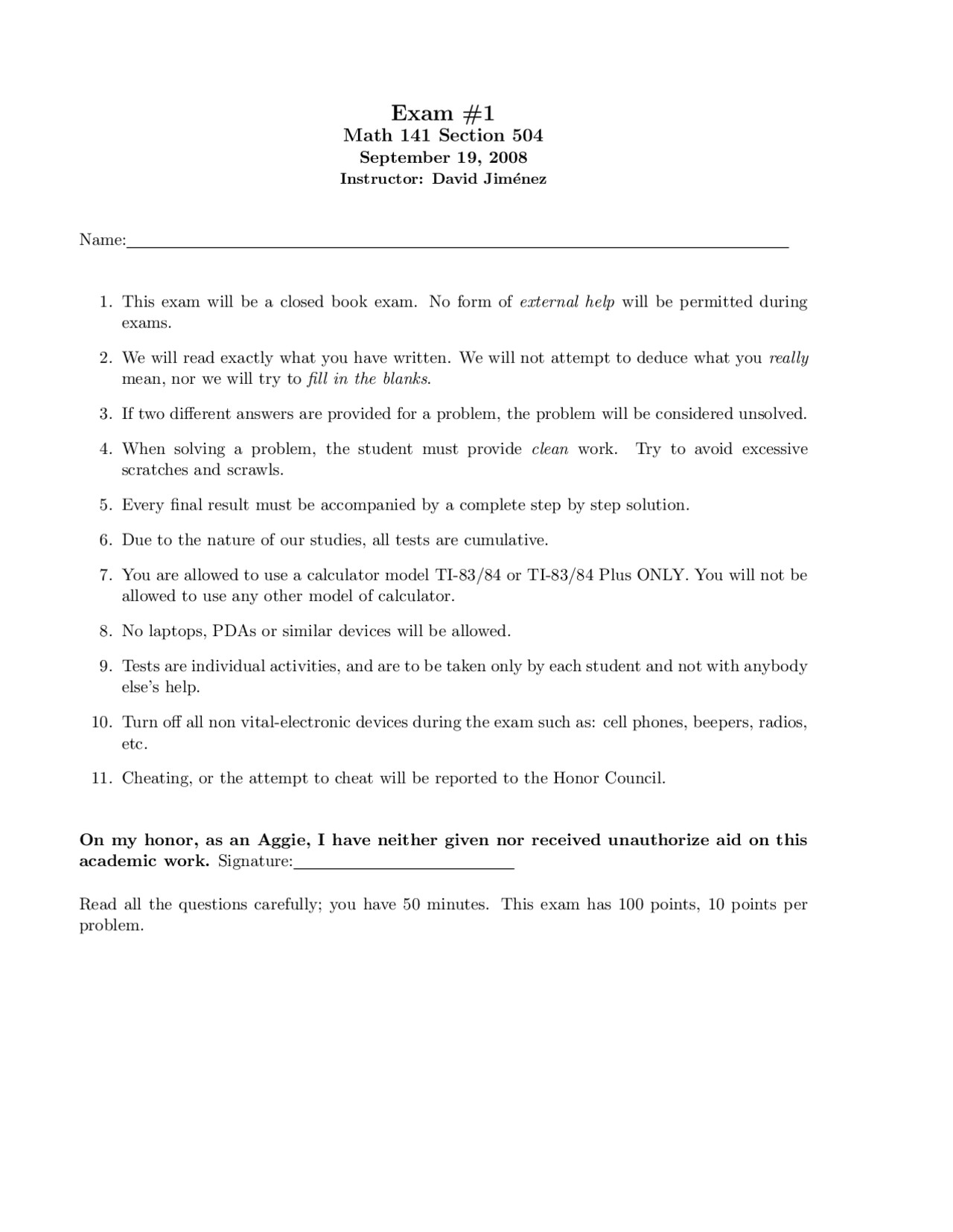 Exam 1 Practice Problems - Honor-Business Mathematics I | MATH 141 ...