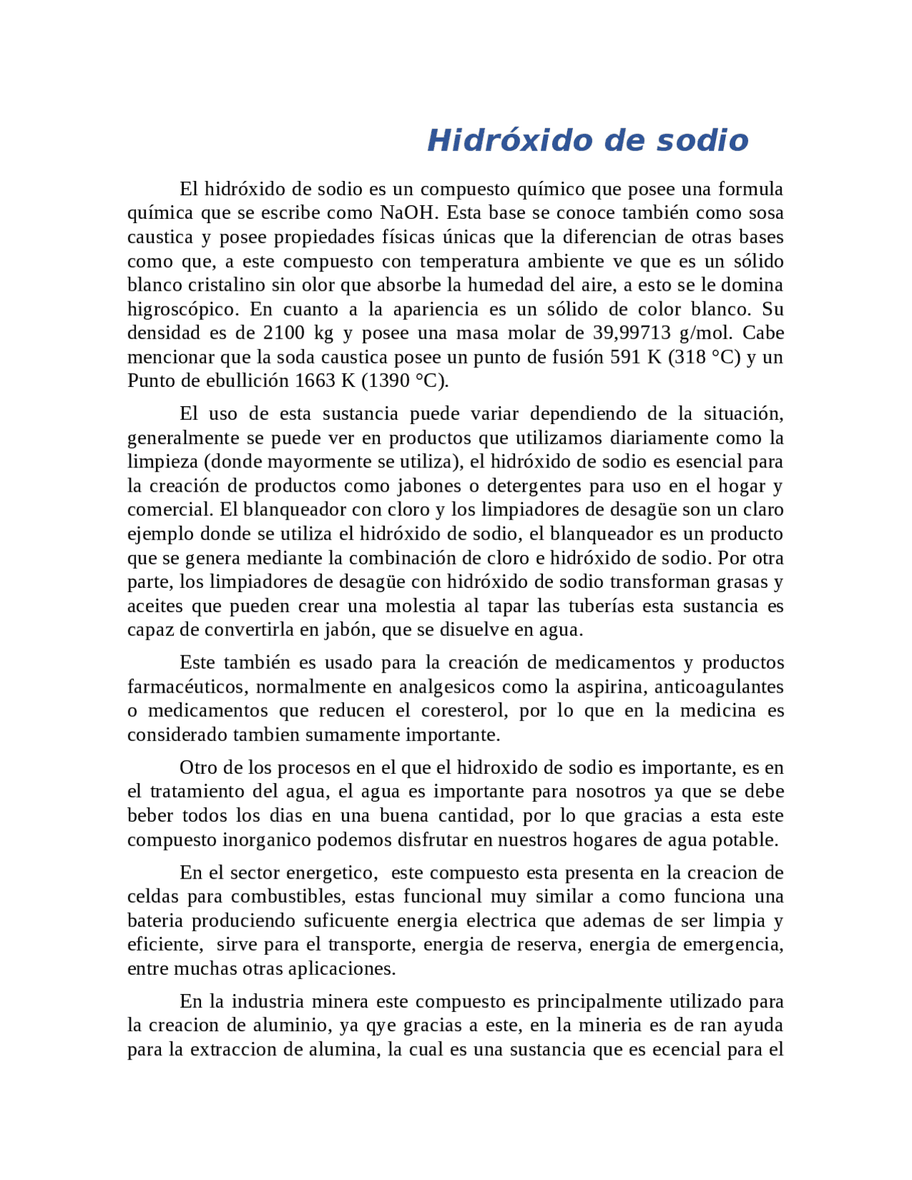Hidroxido de sodio en la aplicacion para la vida cotidiana - Docsity