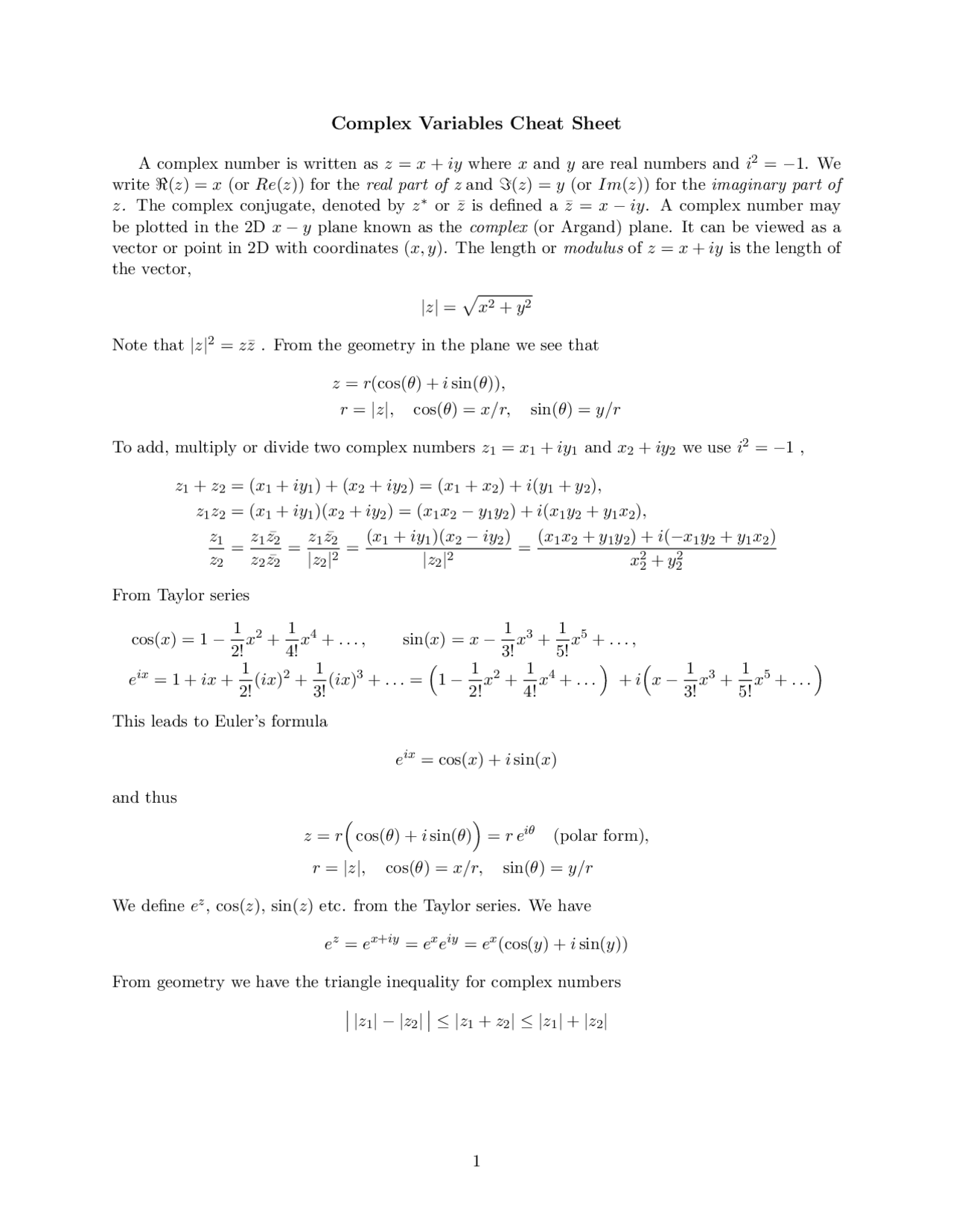 Complex Variables Cheat Sheet | Cheat Sheet Complex analysis | Docsity