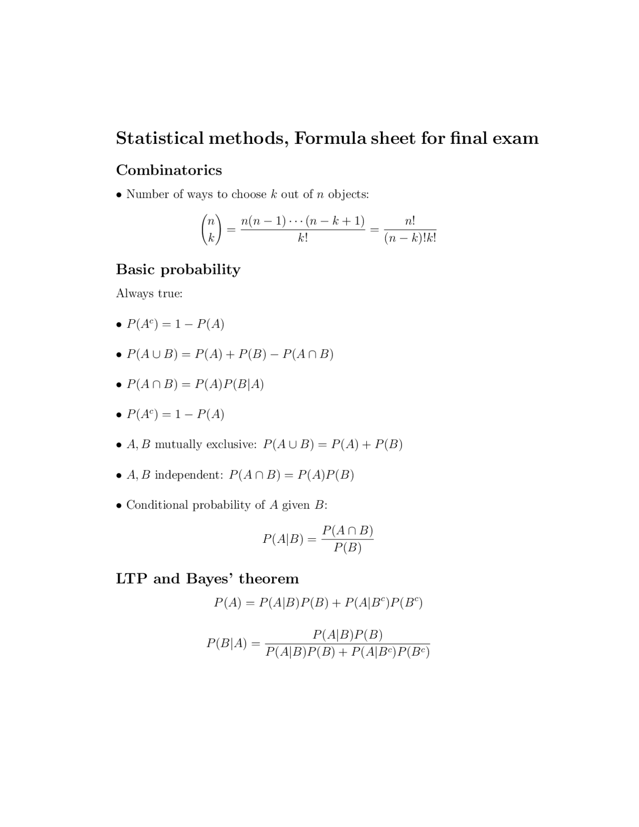 Statistical Methods Formula Cheat Sheet - Docsity