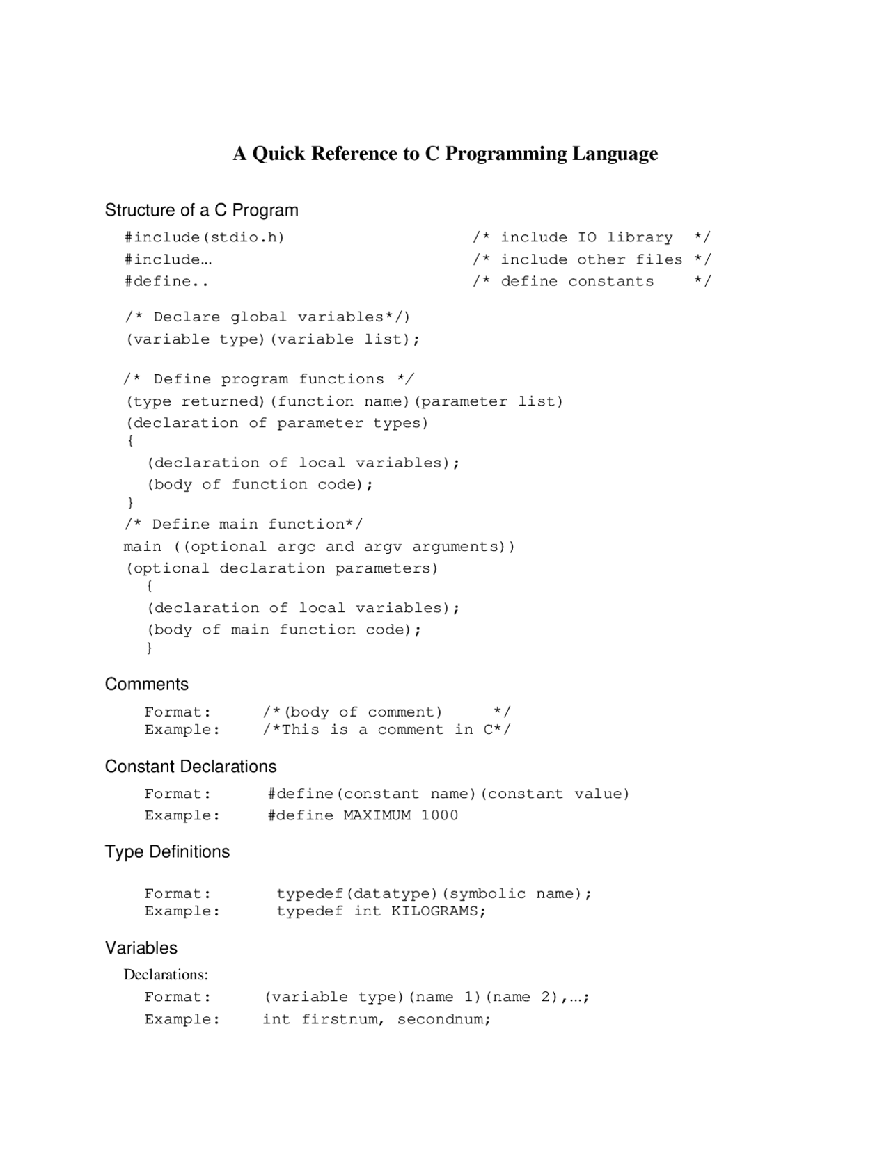Quick C Programming Language Reference Cheat Sheet - Docsity