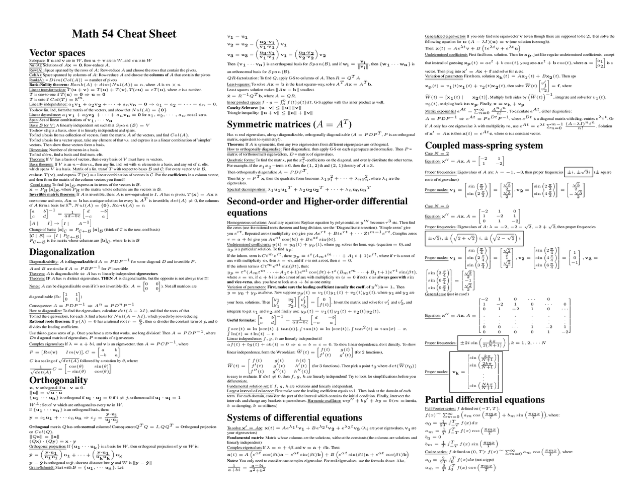 Math 54 Formula Cheat Sheet - Docsity