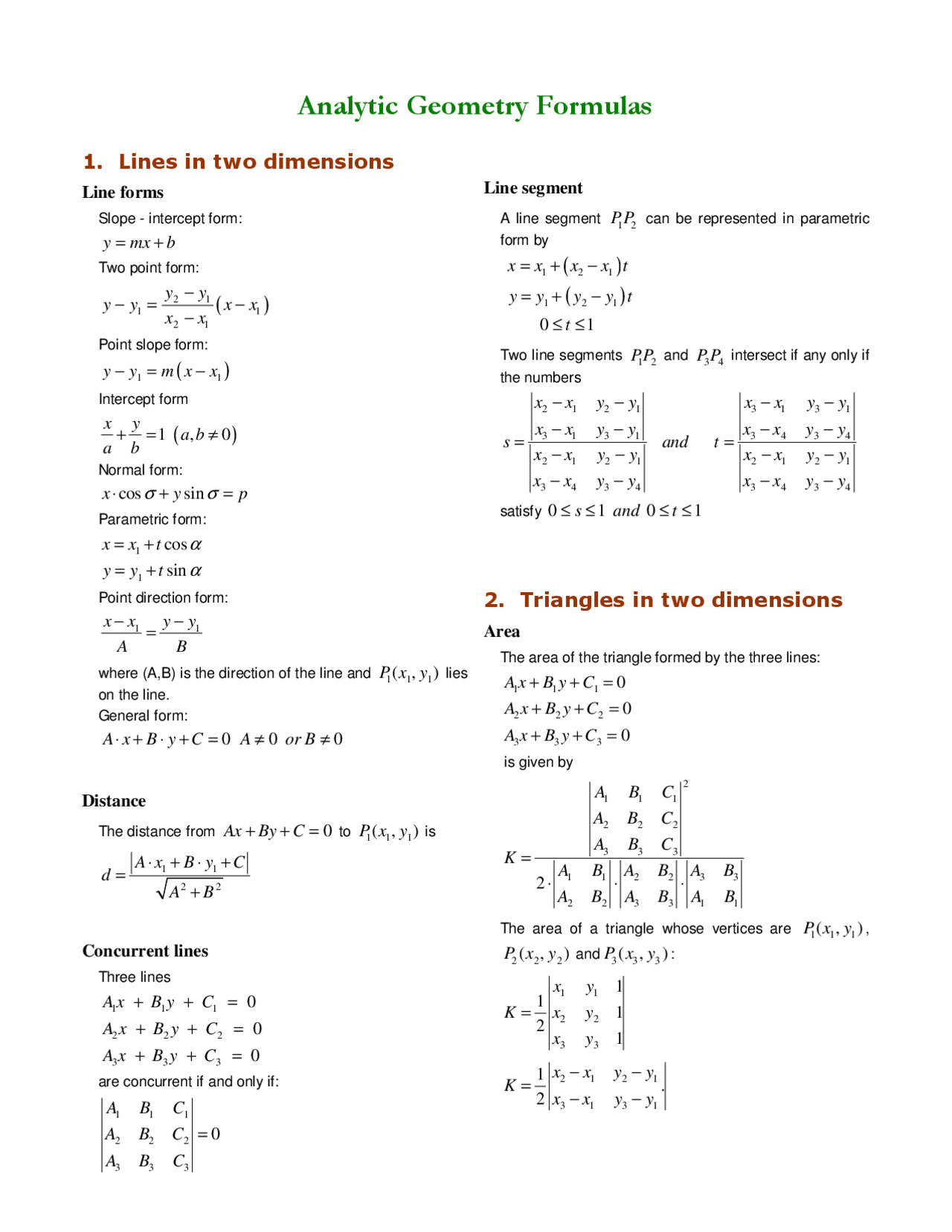 Analytic Geometry Formulas Cheat Sheet - Docsity