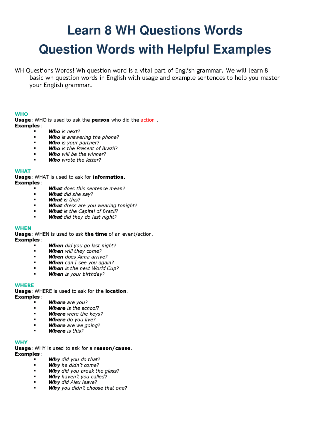 Learn different ways of questions words - Docsity