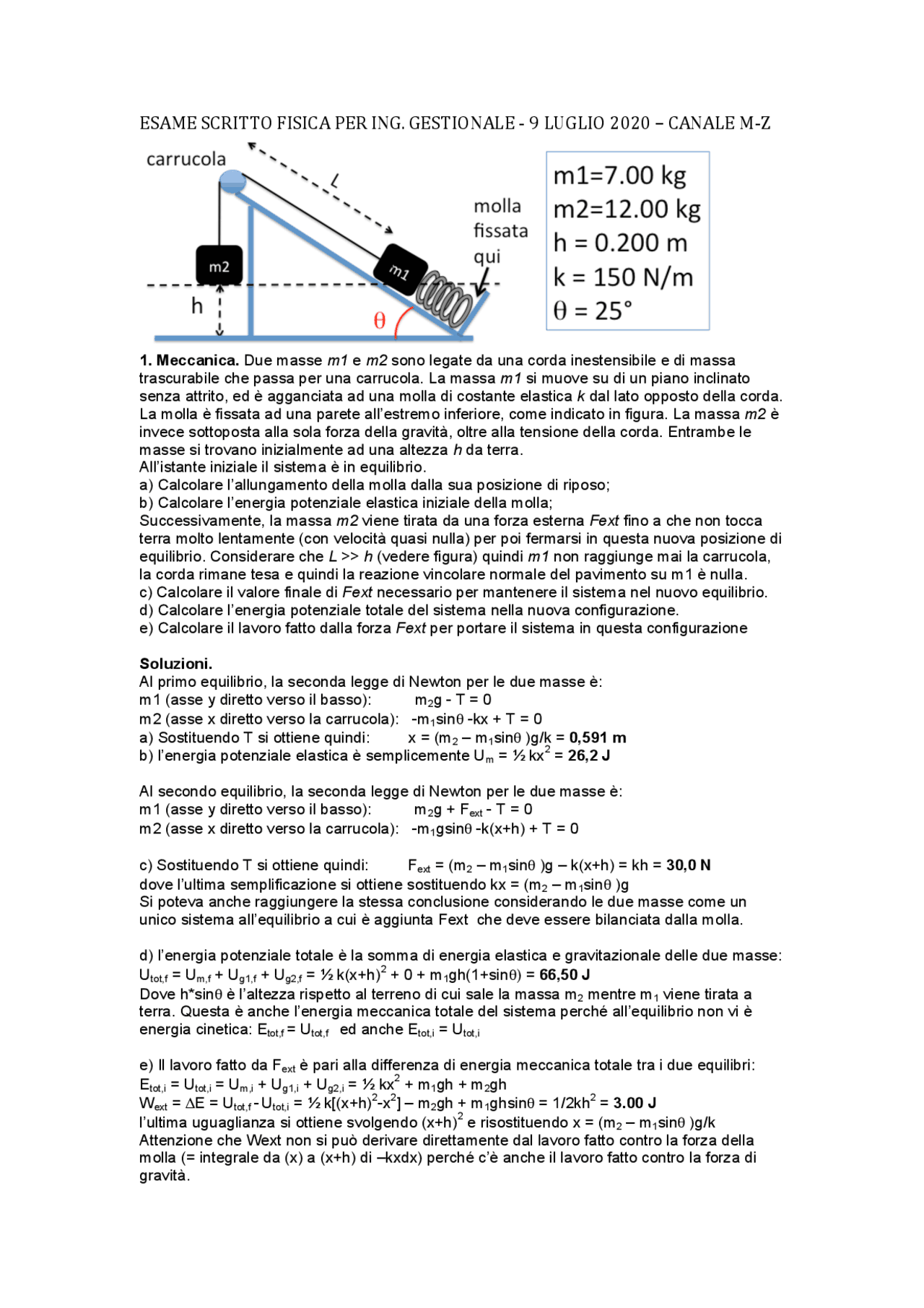 Traccia Esame Fisica Per Ingegneria Gestionale Correzione Docsity