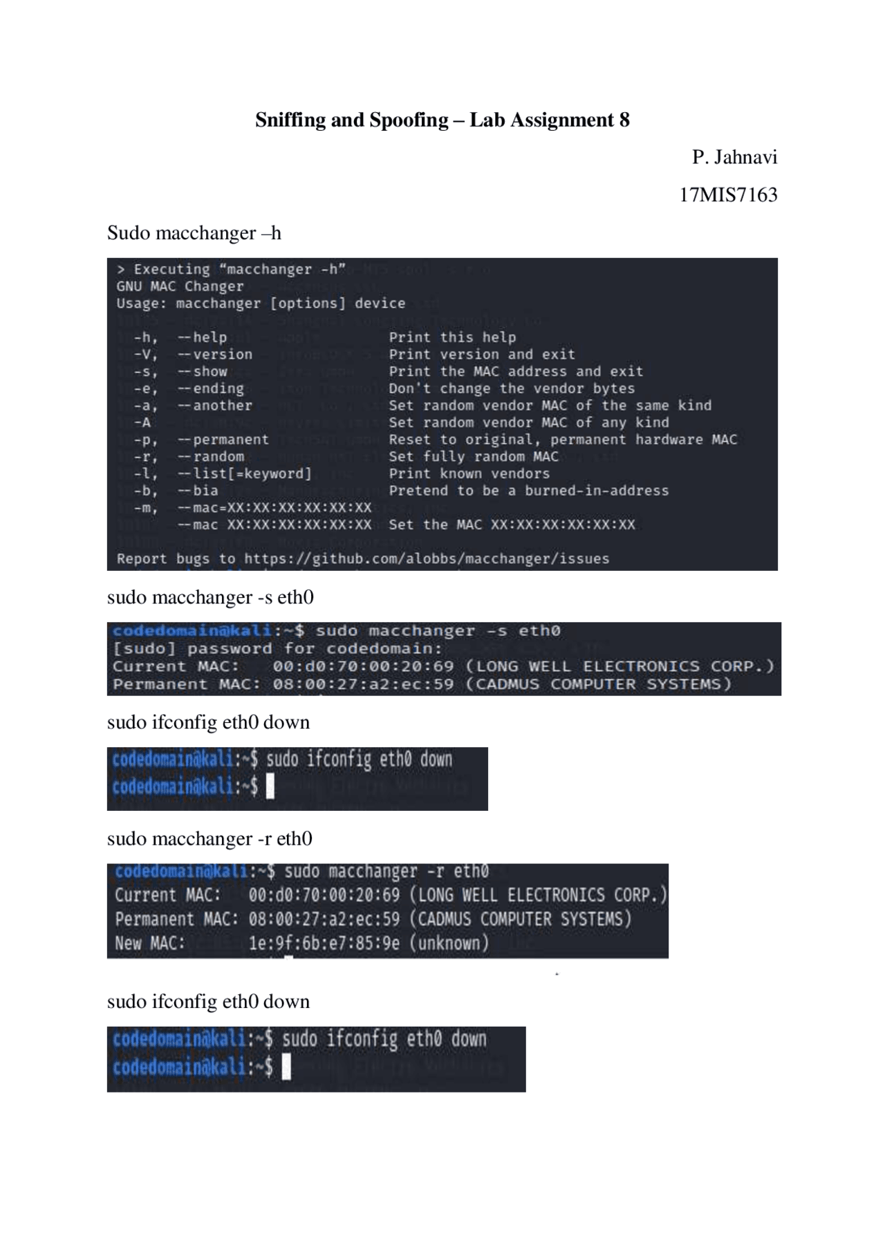 Kali linux Mac Changer Commands - Docsity