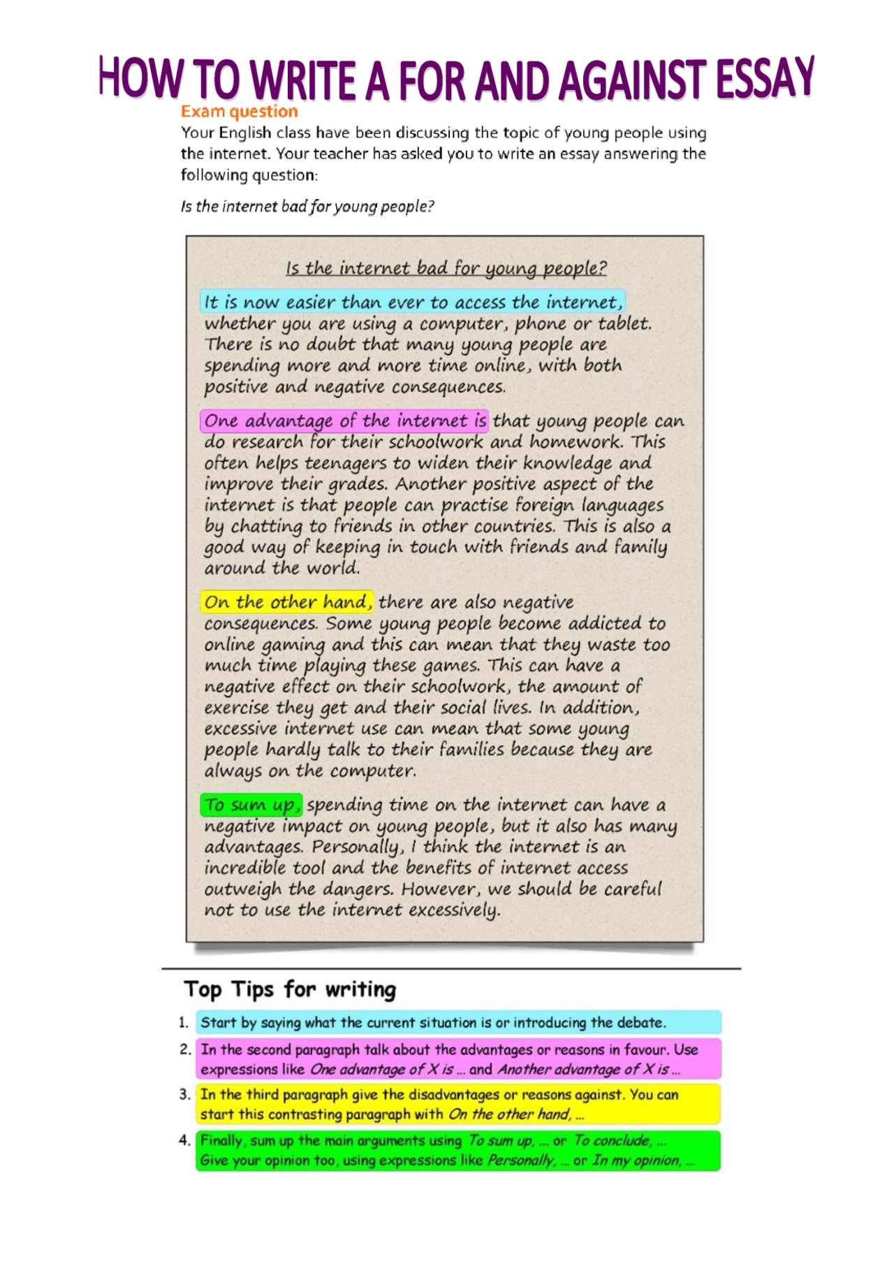 For and against essay | Apuntes de Lengua y Literatura | Docsity