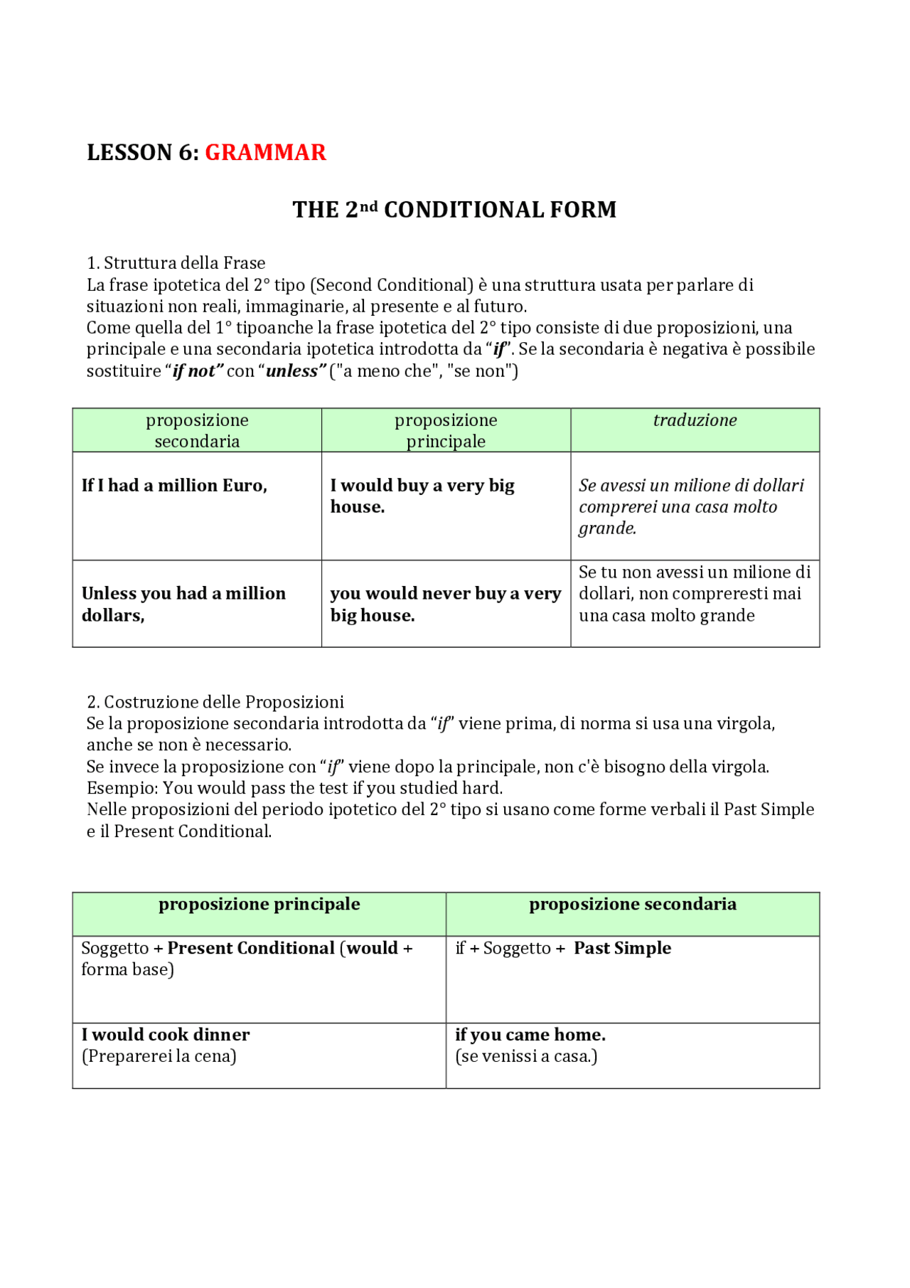 The Second Conditional Form: la struttura della frase - Docsity