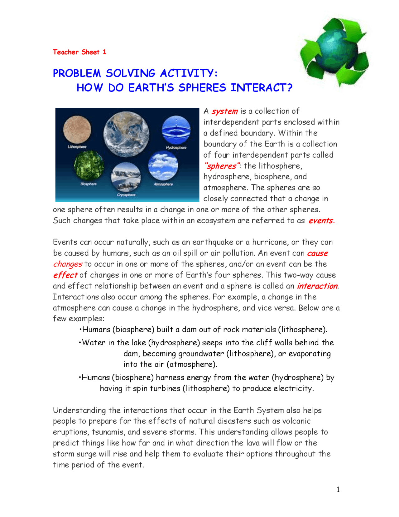 Sphere Interaction Biosphere Lithosphere Geosphere Atmosphere Hydrosphere Docsity